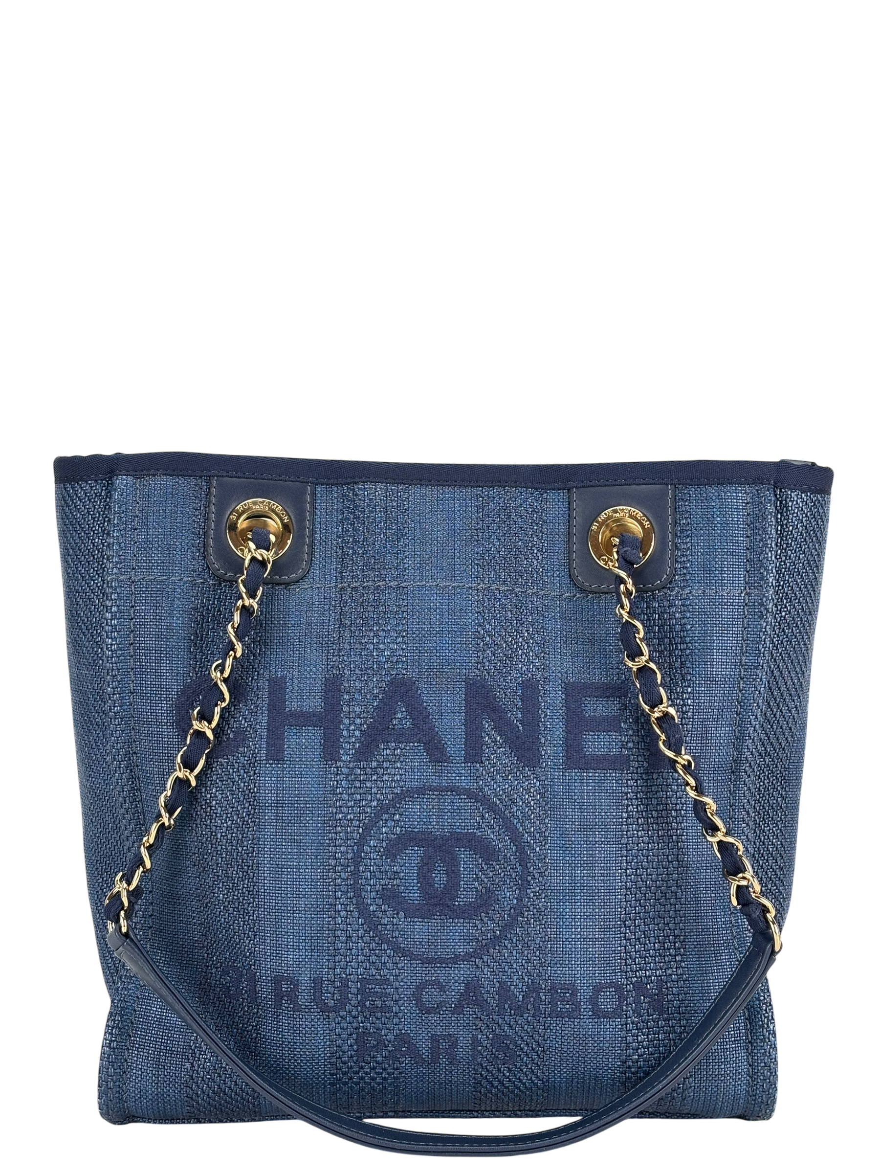 CHANEL - Blue Mixed Fibers Raffia Striped Deauville Navy Tote Bag