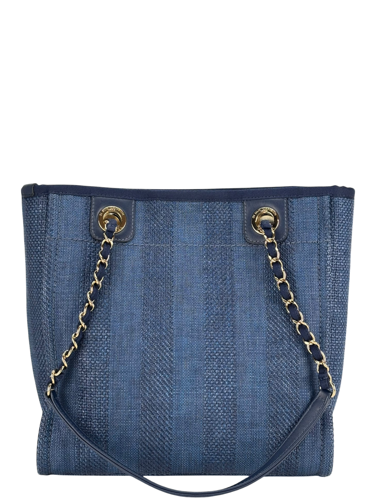 CHANEL - Blue Mixed Fibers Raffia Striped Deauville Navy Tote Bag