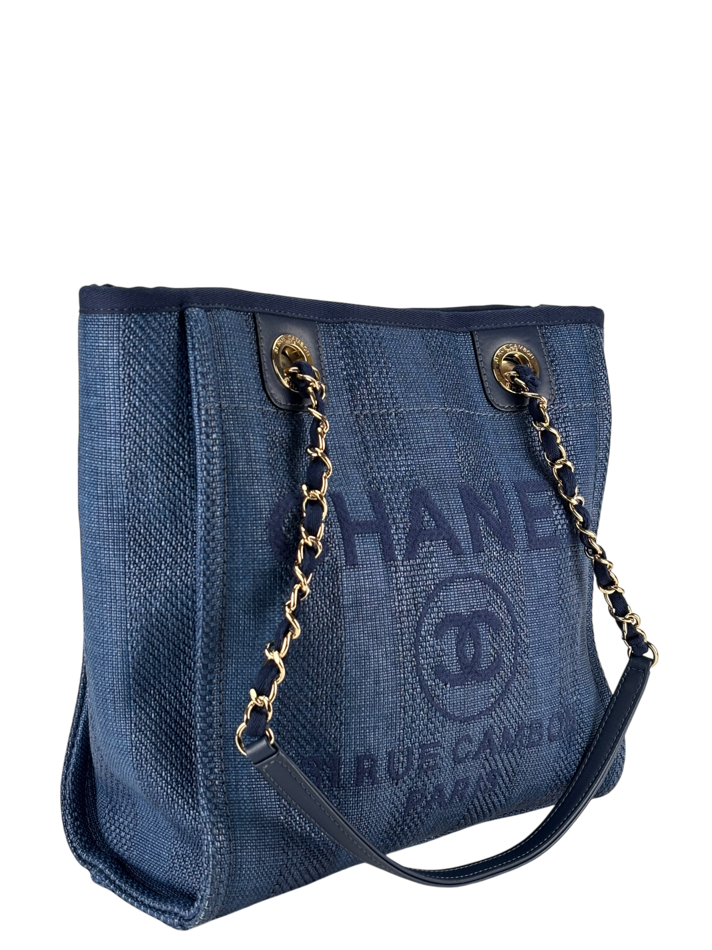 CHANEL - Blue Mixed Fibers Raffia Striped Deauville Navy Tote Bag