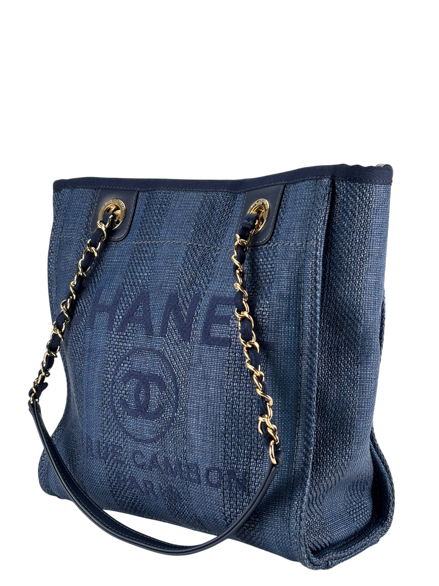 CHANEL - Blue Mixed Fibers Raffia Striped Deauville Navy Tote Bag