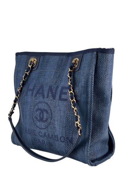 CHANEL - Blue Mixed Fibers Raffia Striped Deauville  Navy Tote Bag