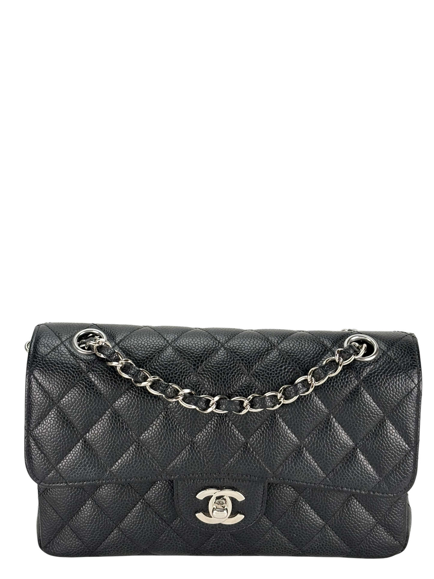 CHANEL - Small Classic Double Flap Bag Black Caviar Sliver Hardware (CF23)