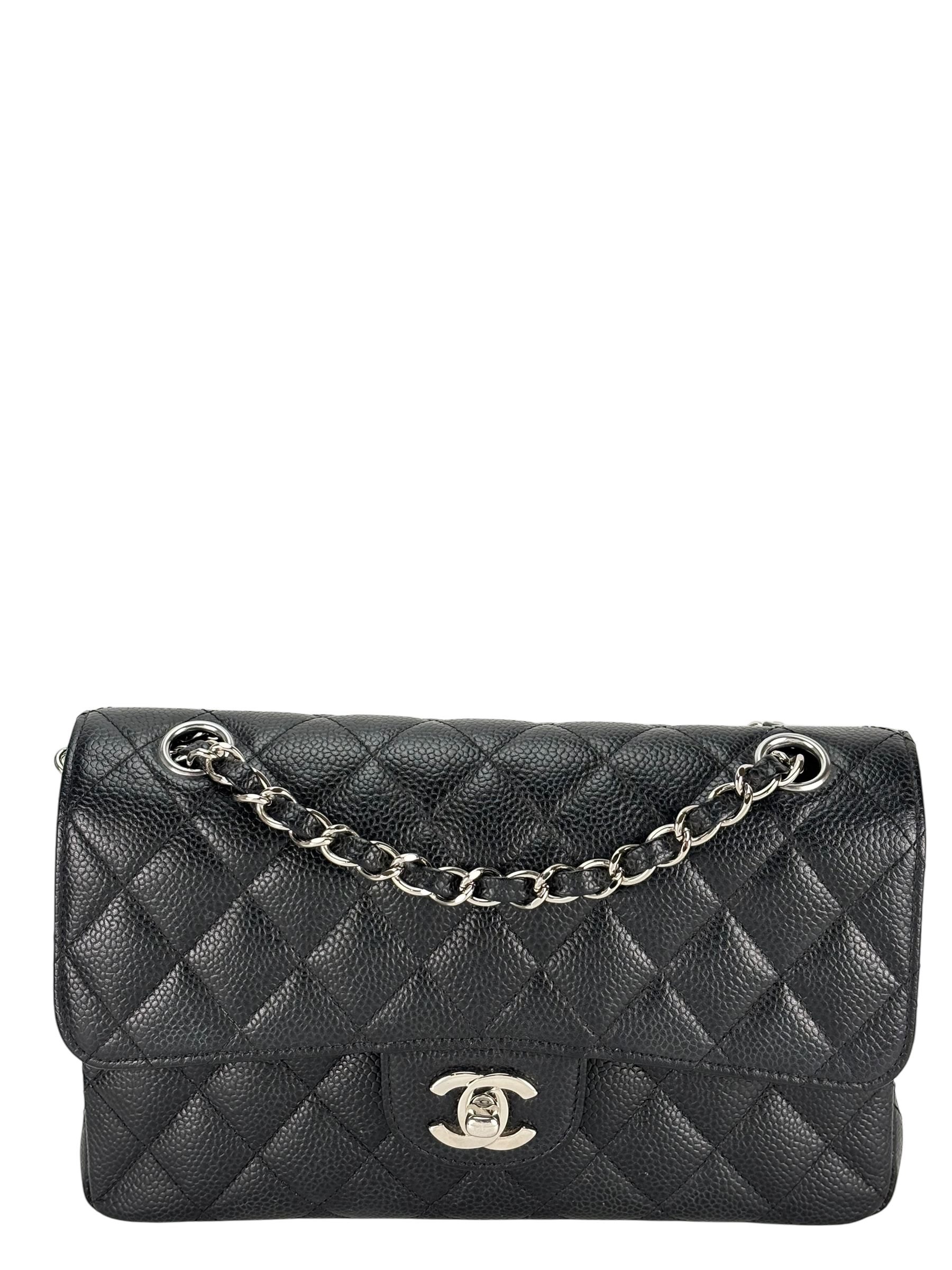 CHANEL - Small Classic Double Flap Bag Black Caviar Sliver Hardware (CF23)