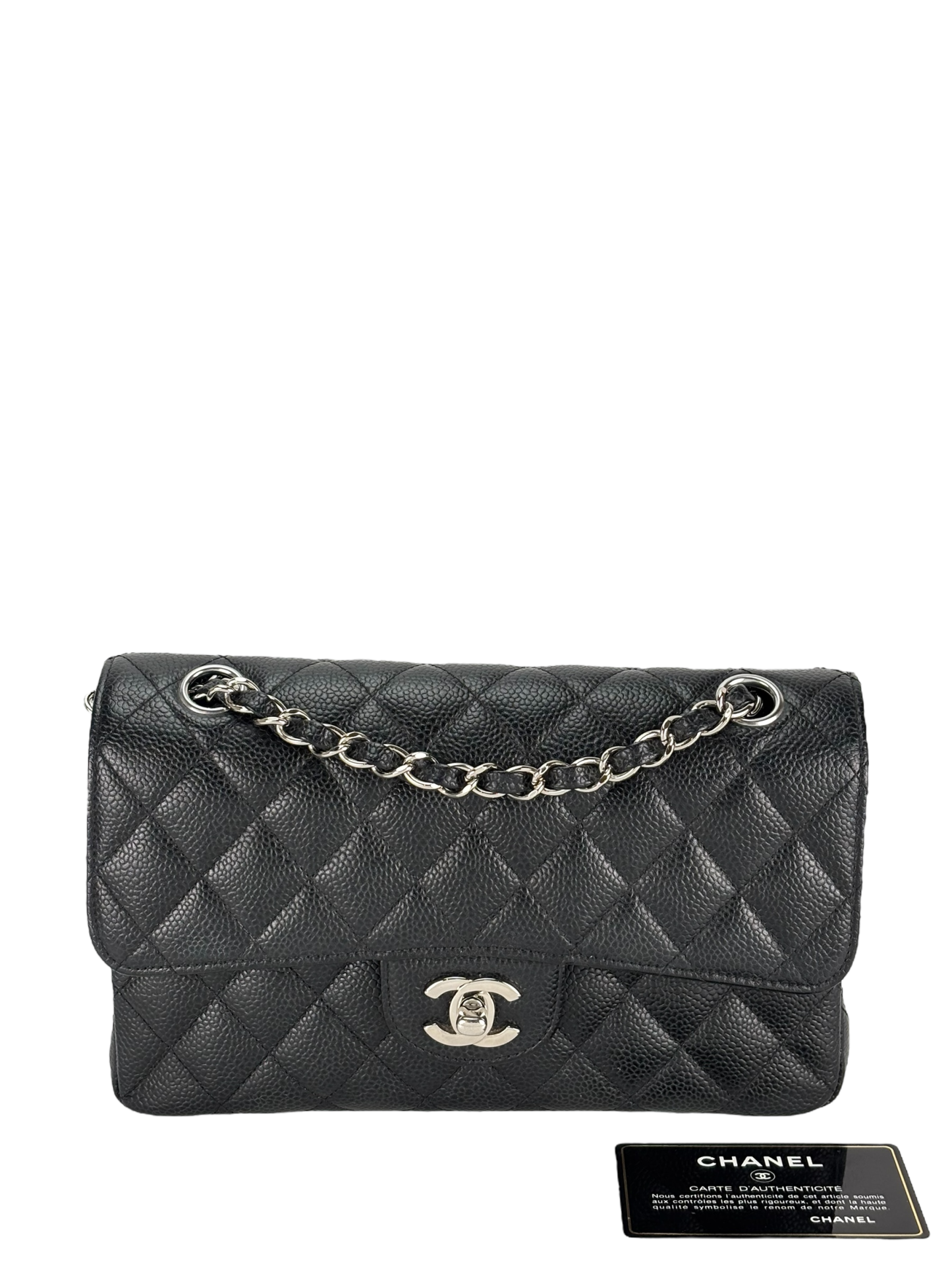 CHANEL - Small Classic Double Flap Bag Black Caviar Sliver Hardware (CF23)