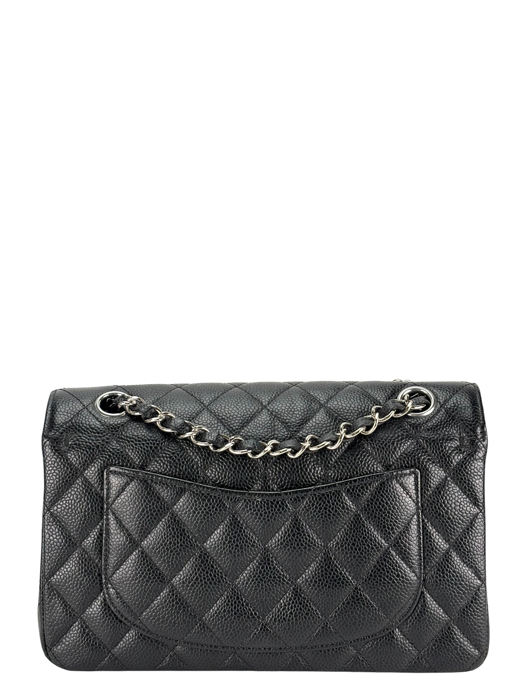 CHANEL - Small Classic Double Flap Bag Black Caviar Sliver Hardware (CF23)