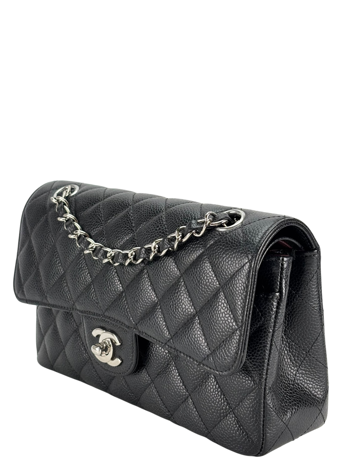 CHANEL - Small Classic Double Flap Bag Black Caviar Sliver Hardware (CF23)