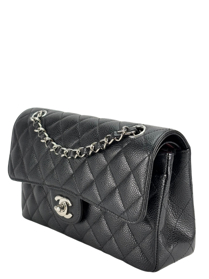 CHANEL - Small Classic Double Flap Bag Black Caviar Sliver Hardware (CF23)