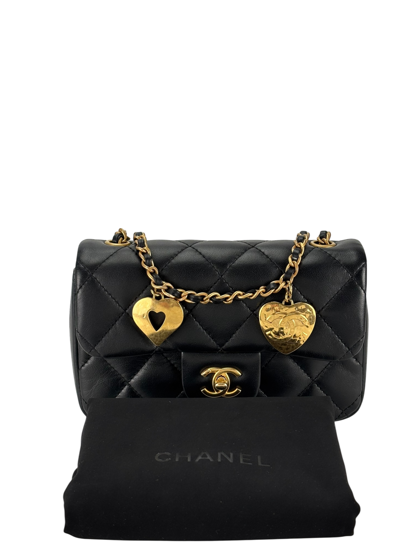 CHANEL - Black Lambskin Square 17 Quilted Heart Charms Flap Shoulder Bag