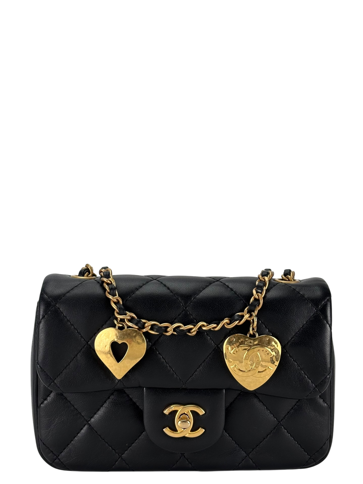 CHANEL - Black Lambskin Square 17 Quilted Heart Charms Flap Shoulder Bag