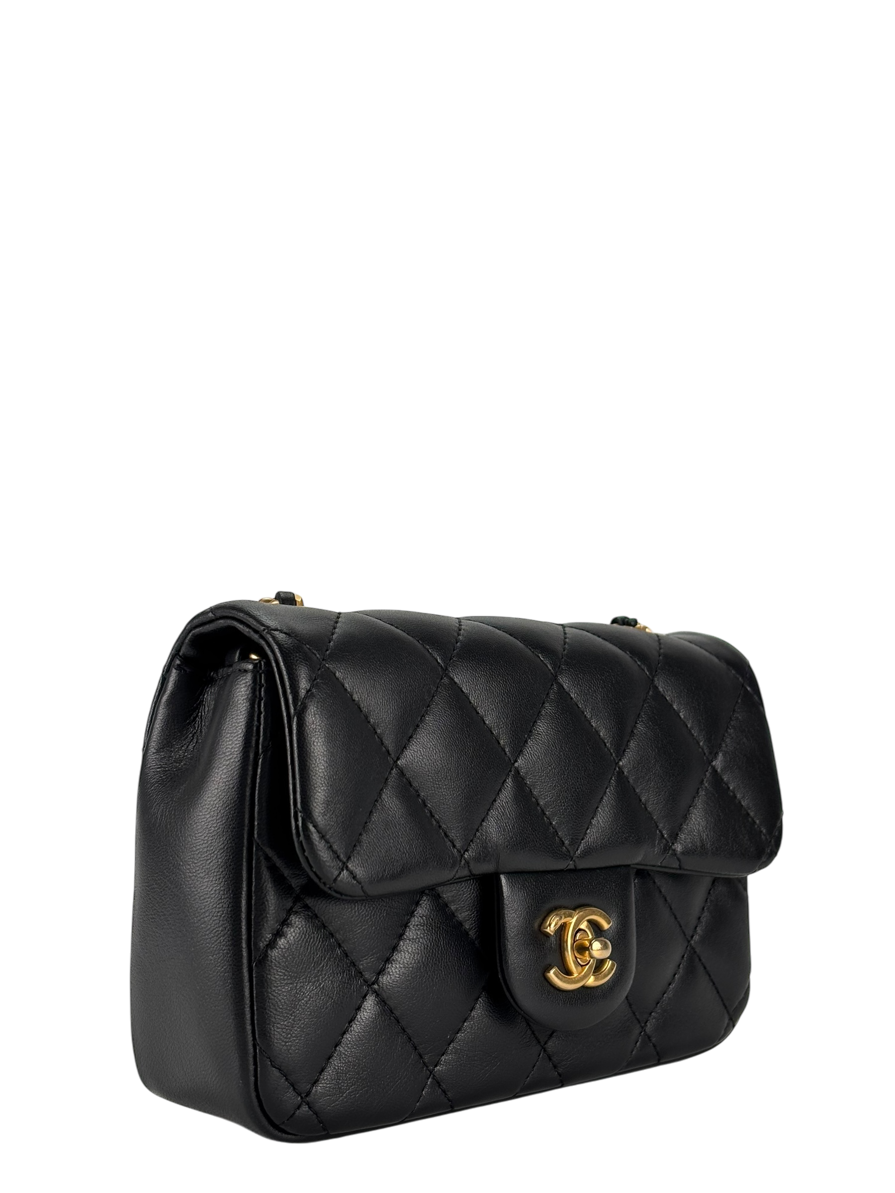 CHANEL - Black Lambskin Square 17 Quilted Heart Charms Flap Shoulder Bag