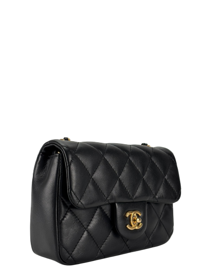 CHANEL - Black Lambskin Square 17 Quilted Heart Charms Flap Shoulder Bag