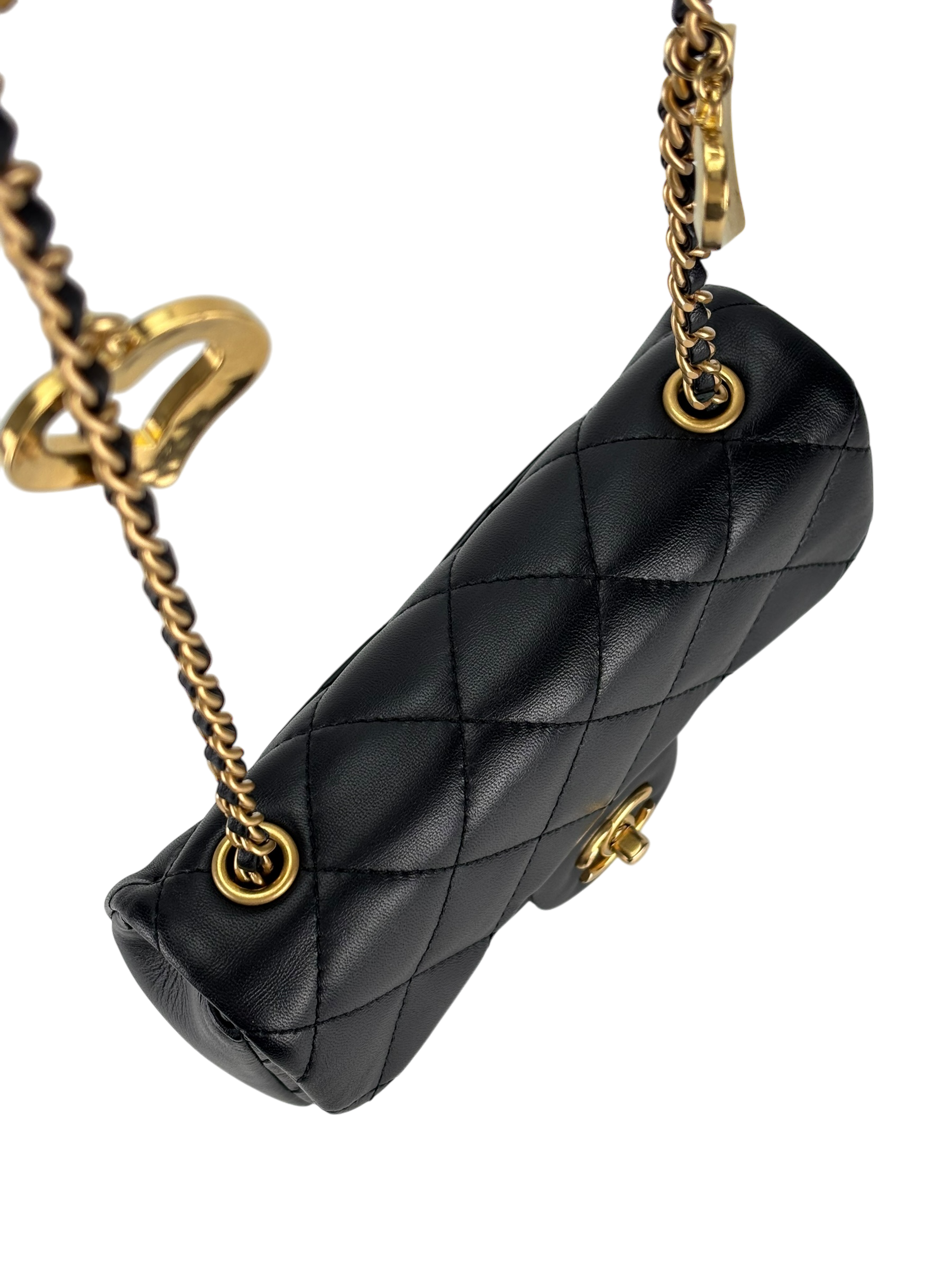 CHANEL - Black Lambskin Square 17 Quilted Heart Charms Flap Shoulder Bag
