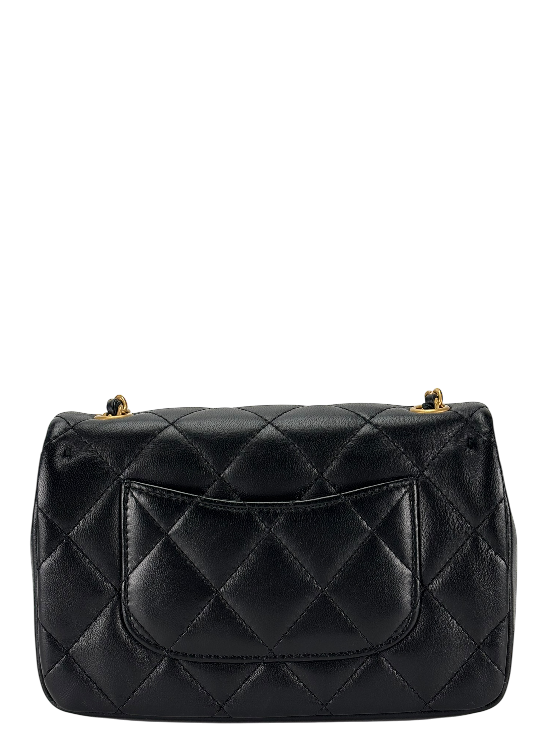 CHANEL - Black Lambskin Square 17 Quilted Heart Charms Flap Shoulder Bag