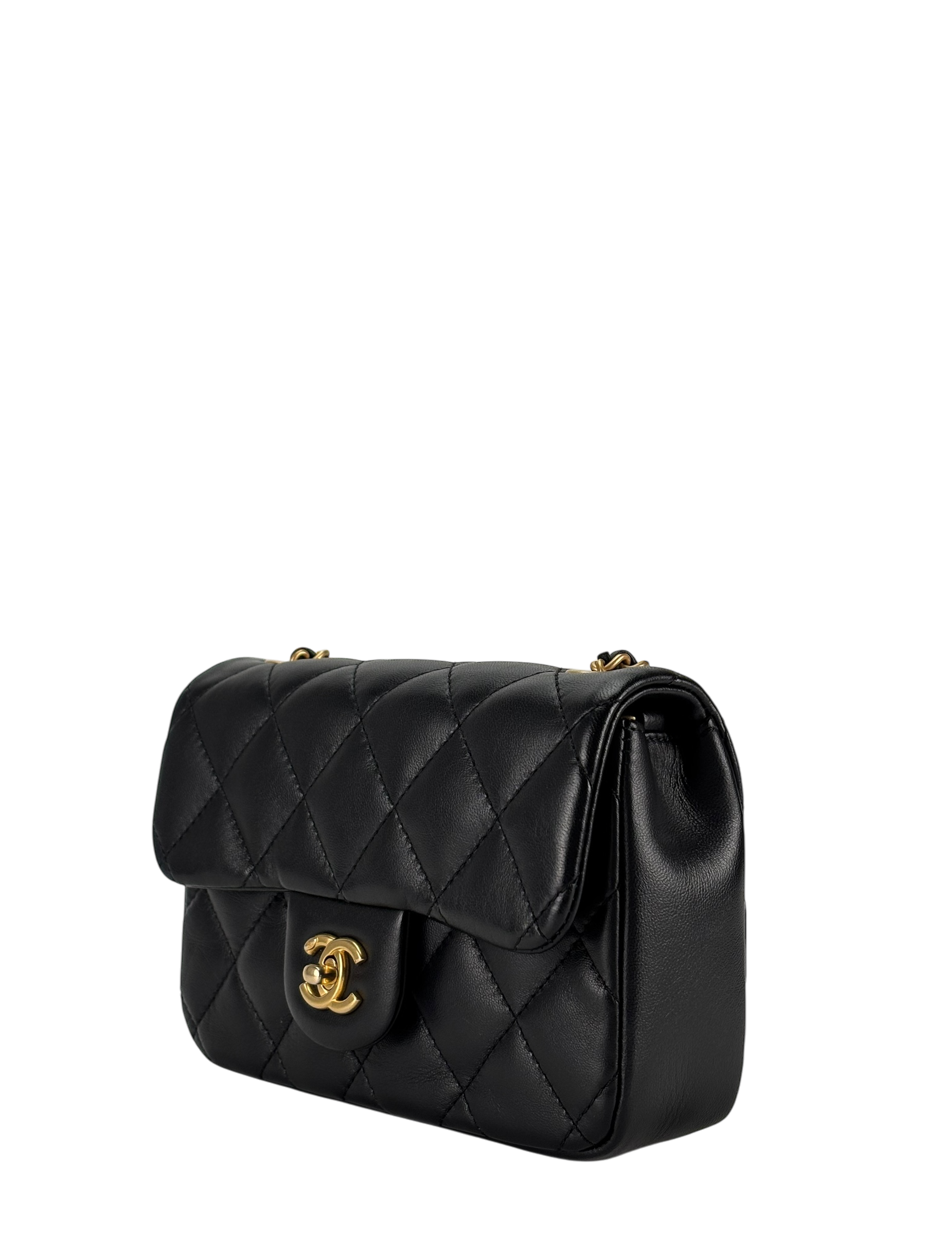 CHANEL - Black Lambskin Square 17 Quilted Heart Charms Flap Shoulder Bag