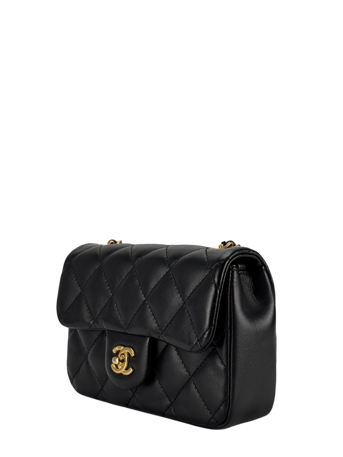 CHANEL - Black Lambskin Square 17 Quilted Heart Charms Flap Shoulder Bag