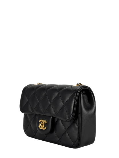CHANEL - Black Lambskin Square 17 Quilted Heart Charms Flap Shoulder Bag