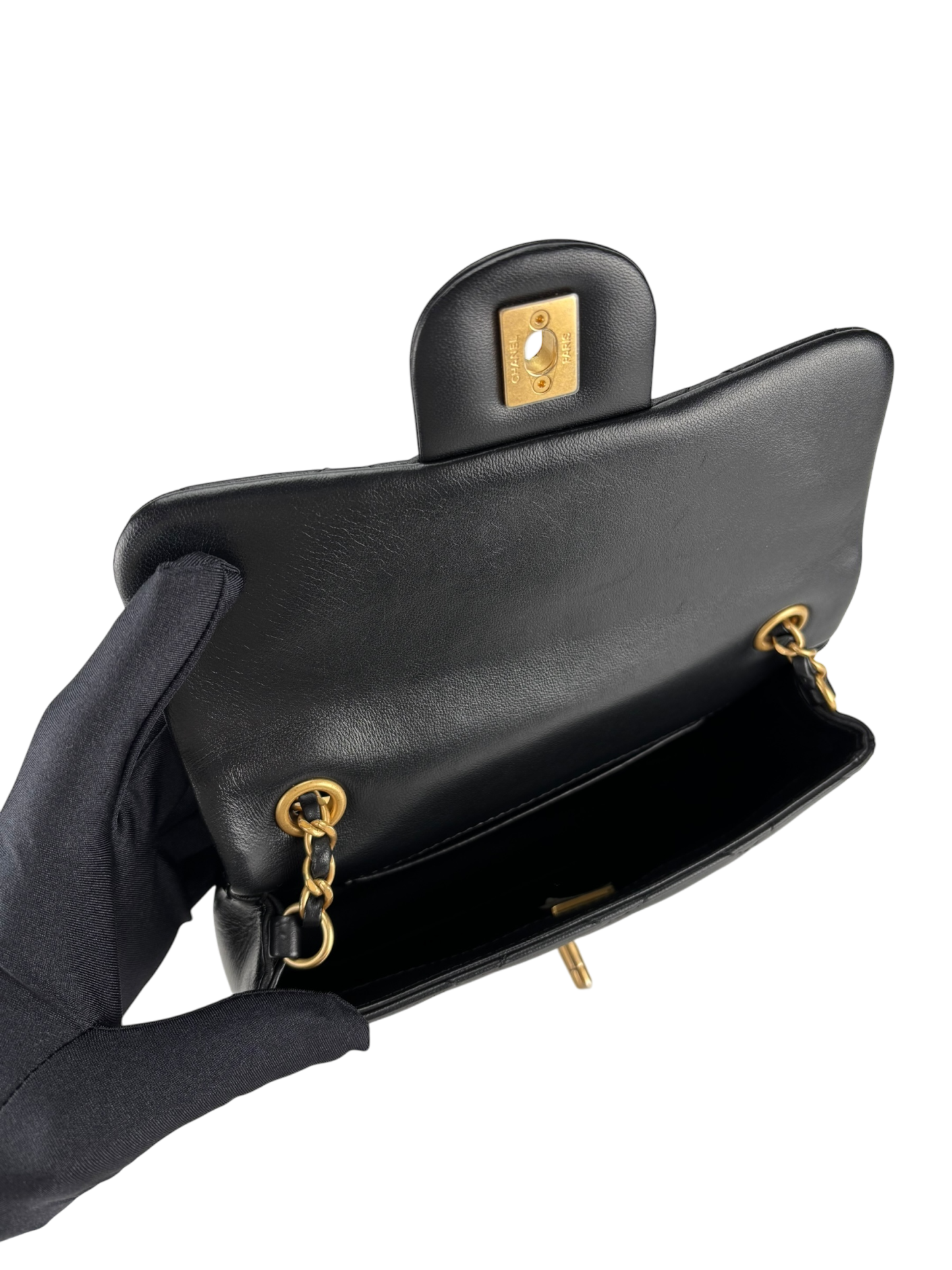 CHANEL - Black Lambskin Square 17 Quilted Heart Charms Flap Shoulder Bag