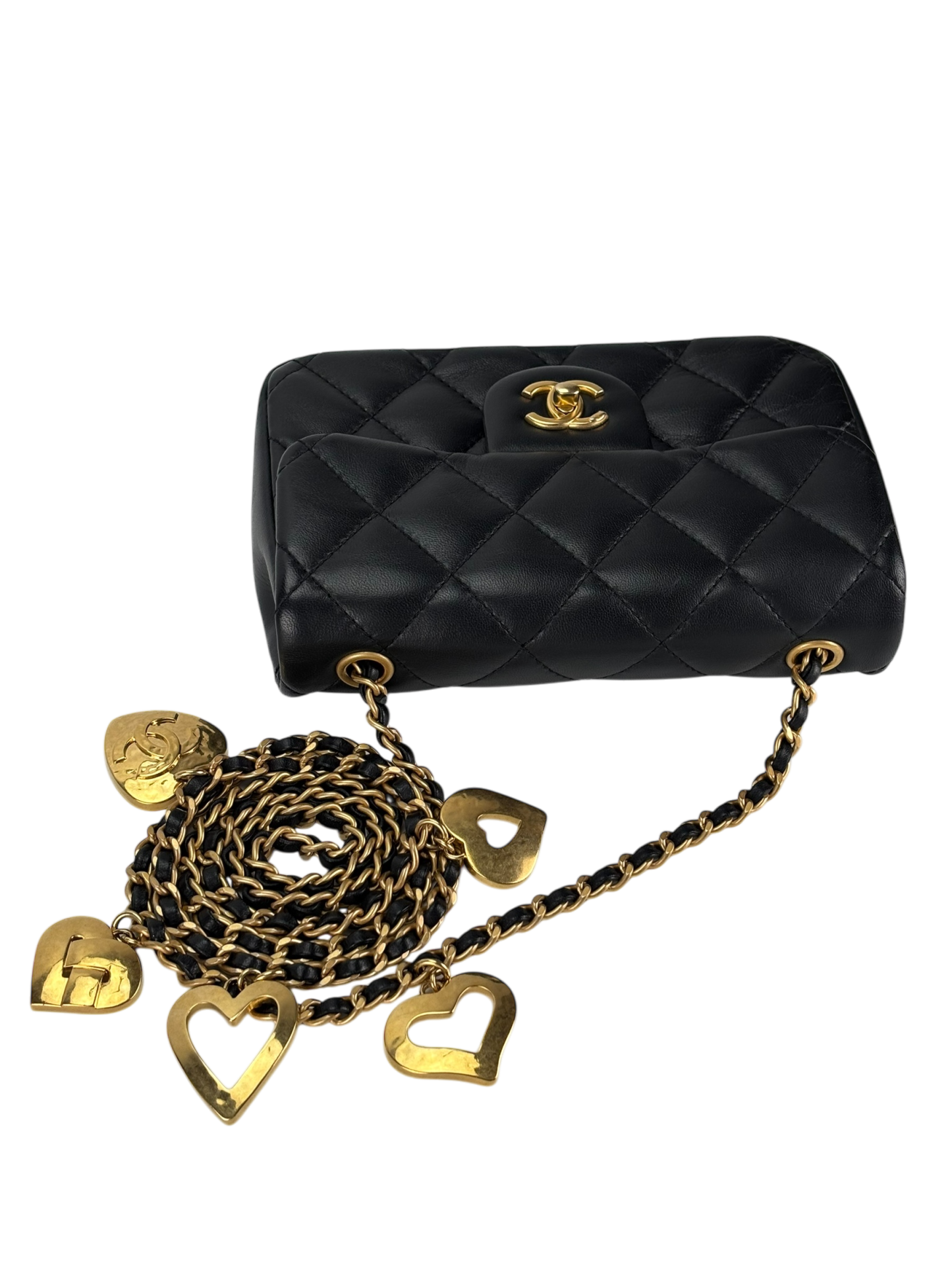 CHANEL - Black Lambskin Square 17 Quilted Heart Charms Flap Shoulder Bag