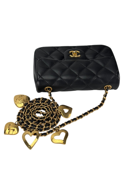 CHANEL - Black Lambskin Square 17 Quilted Heart Charms Flap Shoulder Bag