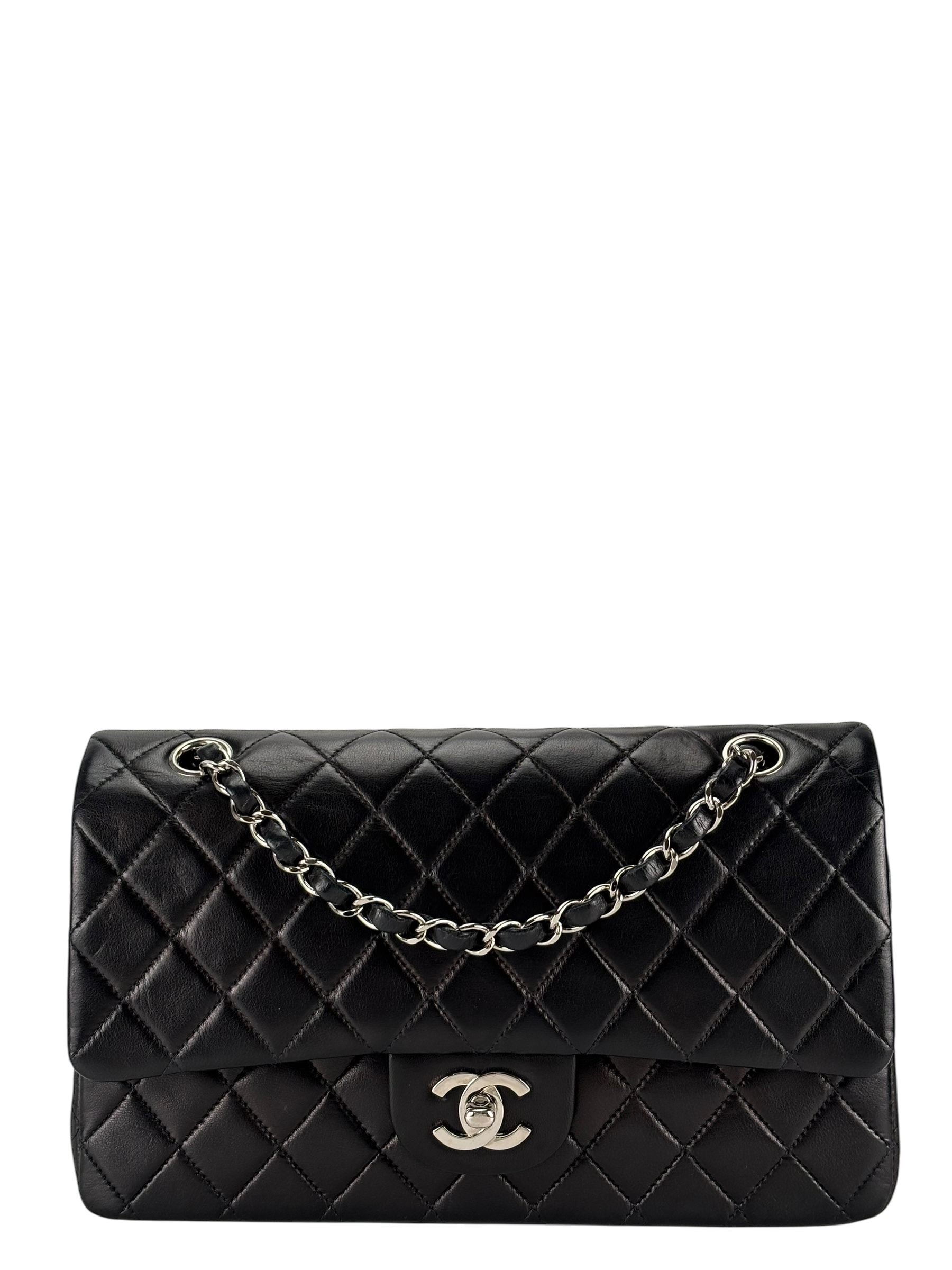 CHANEL - Medium Classic Double Flap Bag Matelasse Black Lambskin Sliver Hardware (CF25)