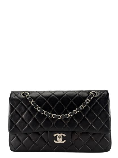 CHANEL - Medium Classic Double Flap Bag Matelasse Black Lambskin Sliver Hardware (CF25)  