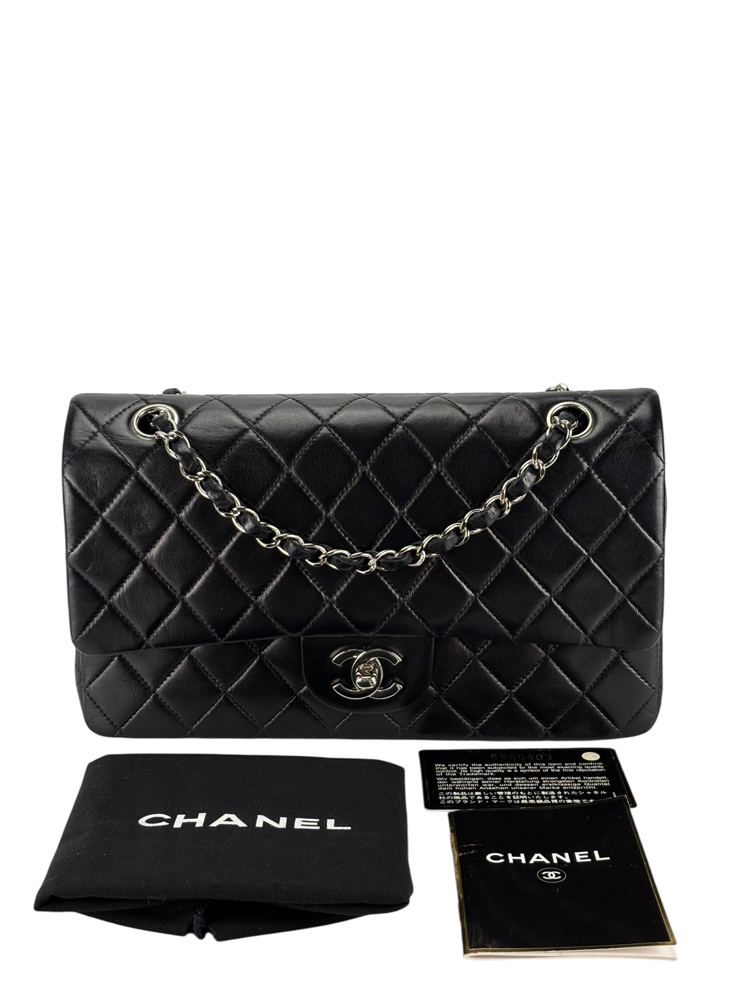 CHANEL - Medium Classic Double Flap Bag Matelasse Black Lambskin Sliver Hardware (CF25)