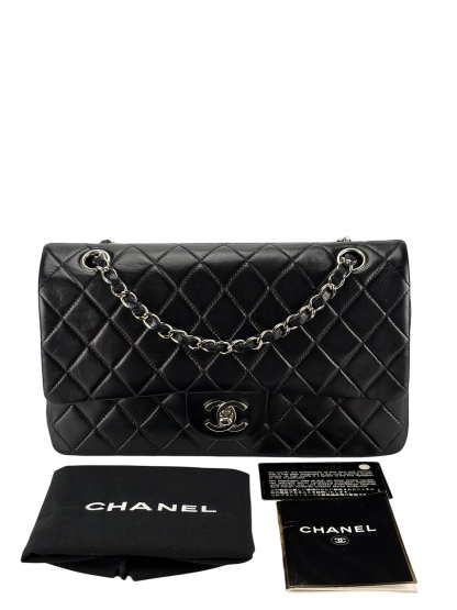 CHANEL - Medium Classic Double Flap Bag Matelasse Black Lambskin Sliver Hardware (CF25)  