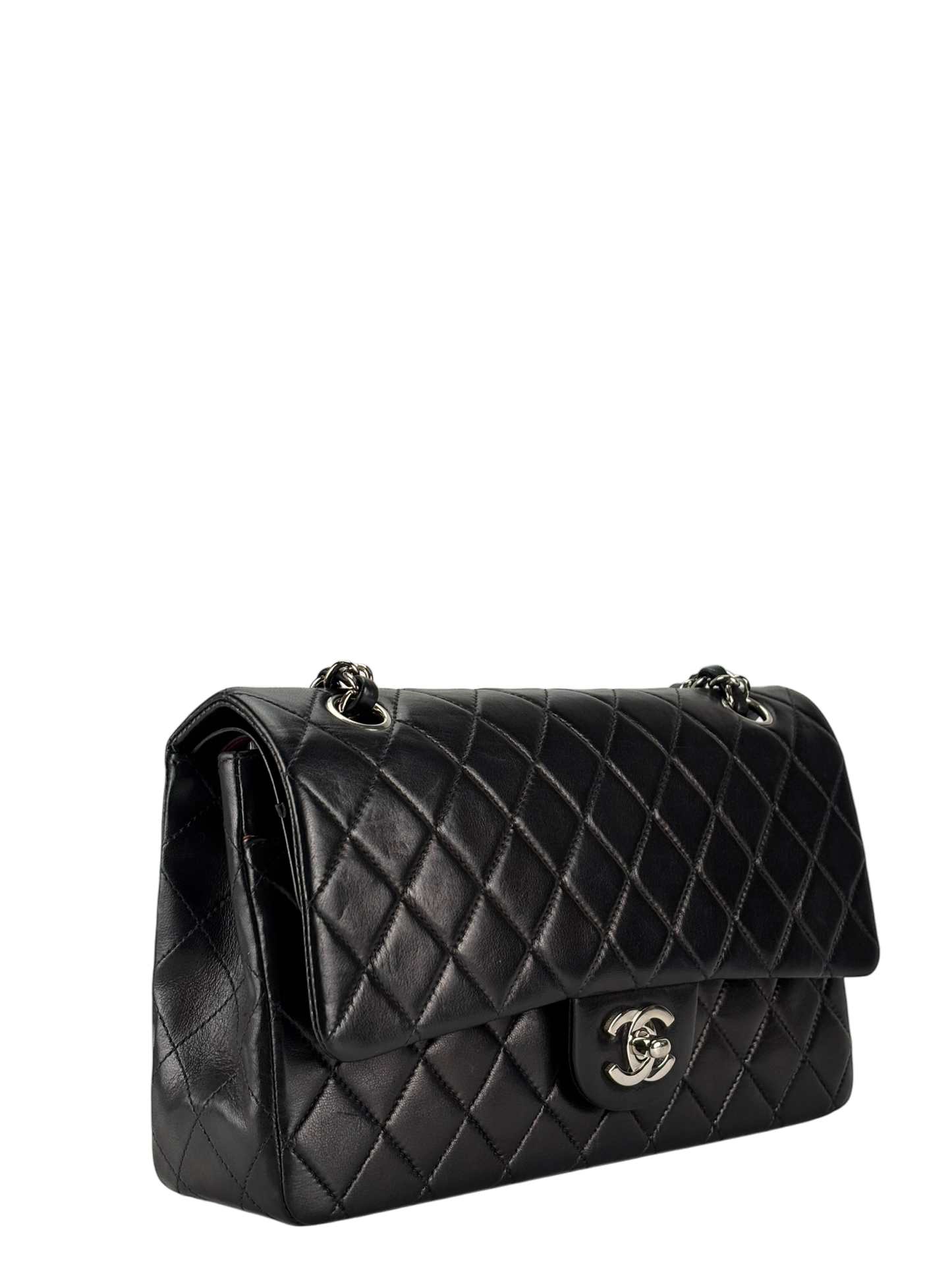 CHANEL - Medium Classic Double Flap Bag Matelasse Black Lambskin Sliver Hardware (CF25)