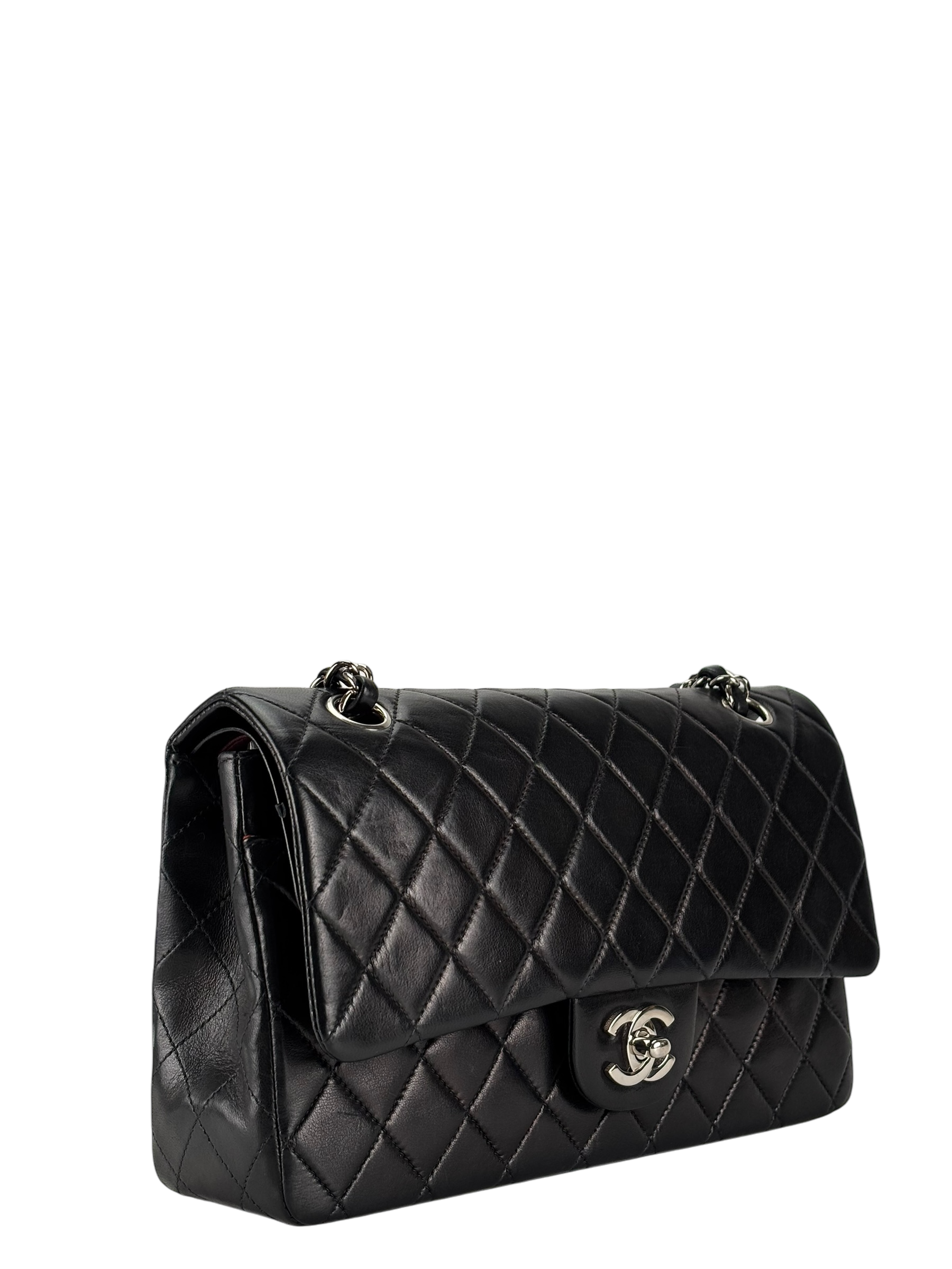 CHANEL - Medium Classic Double Flap Bag Matelasse Black Lambskin Sliver Hardware (CF25)
