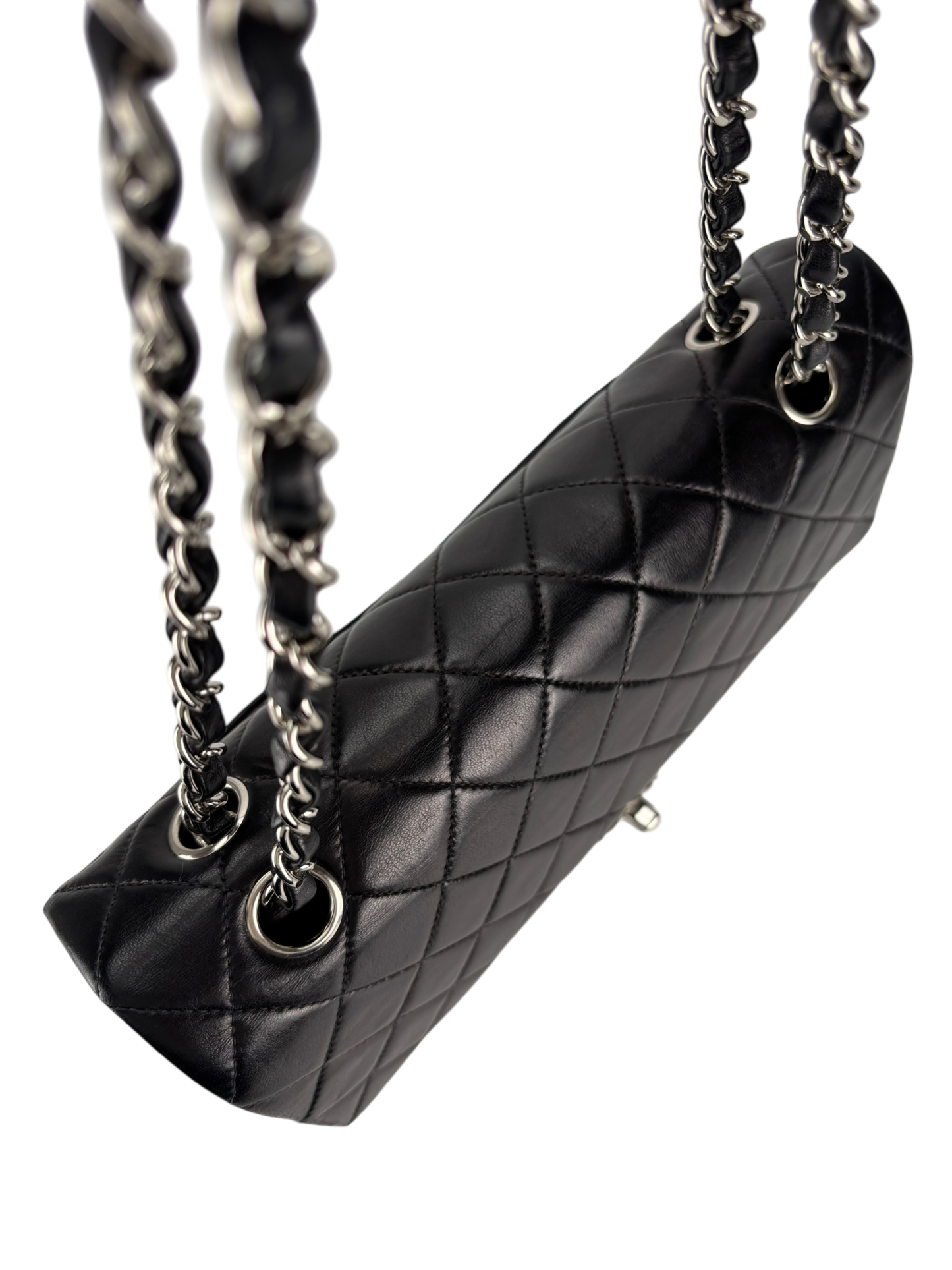 CHANEL - Medium Classic Double Flap Bag Matelasse Black Lambskin Sliver Hardware (CF25)
