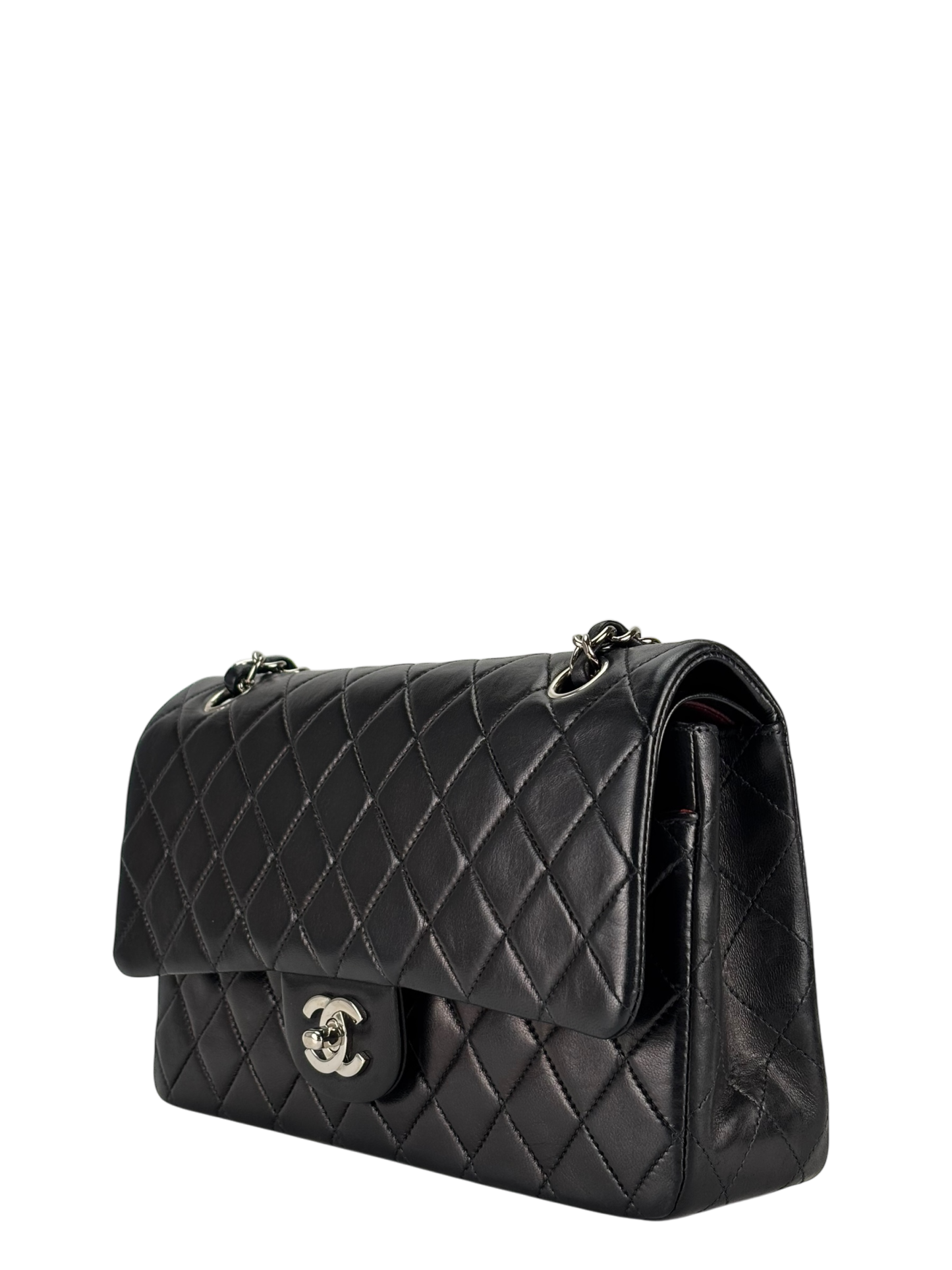 CHANEL - Medium Classic Double Flap Bag Matelasse Black Lambskin Sliver Hardware (CF25)