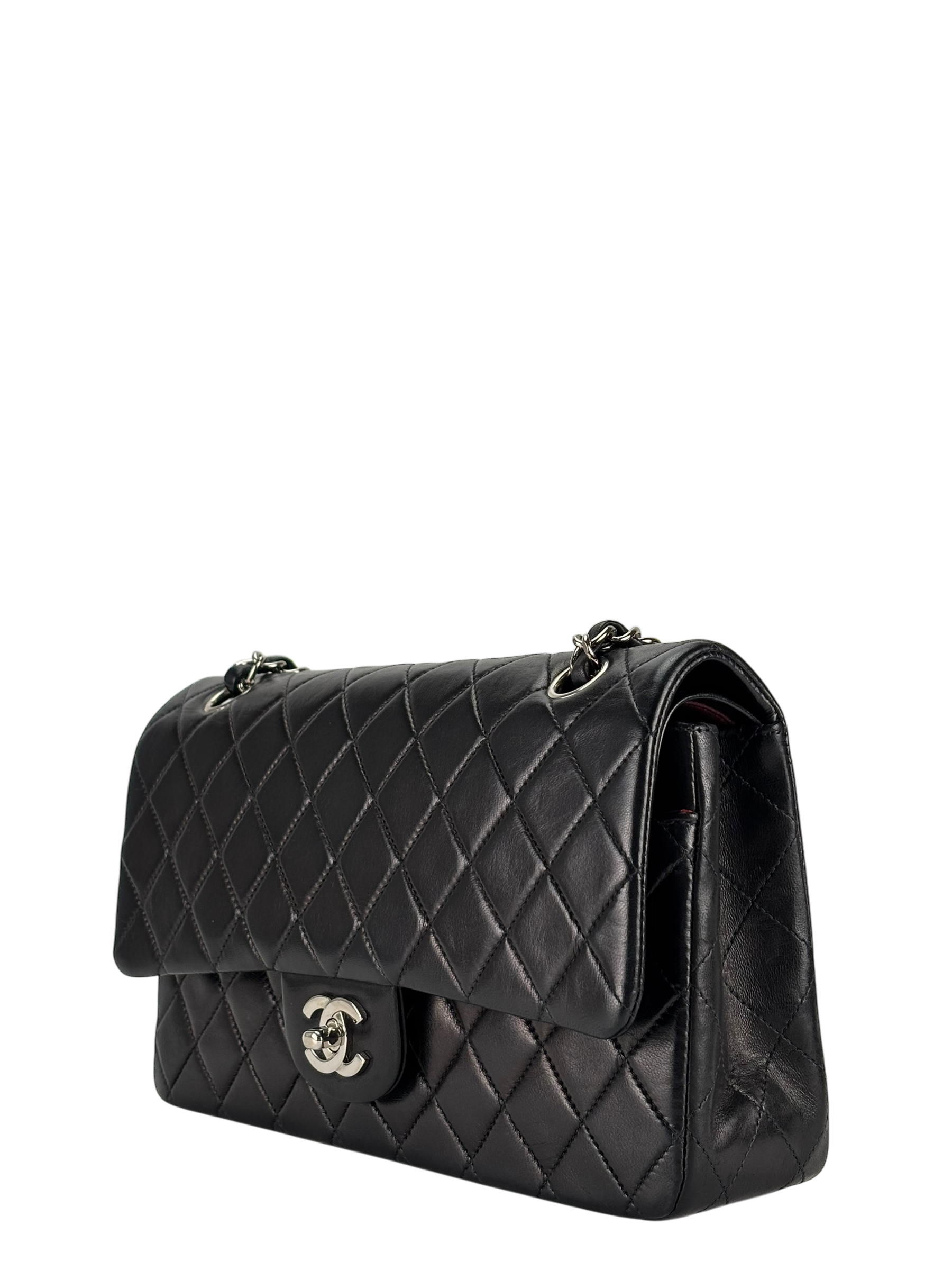CHANEL - Medium Classic Double Flap Bag Matelasse Black Lambskin Sliver Hardware (CF25)