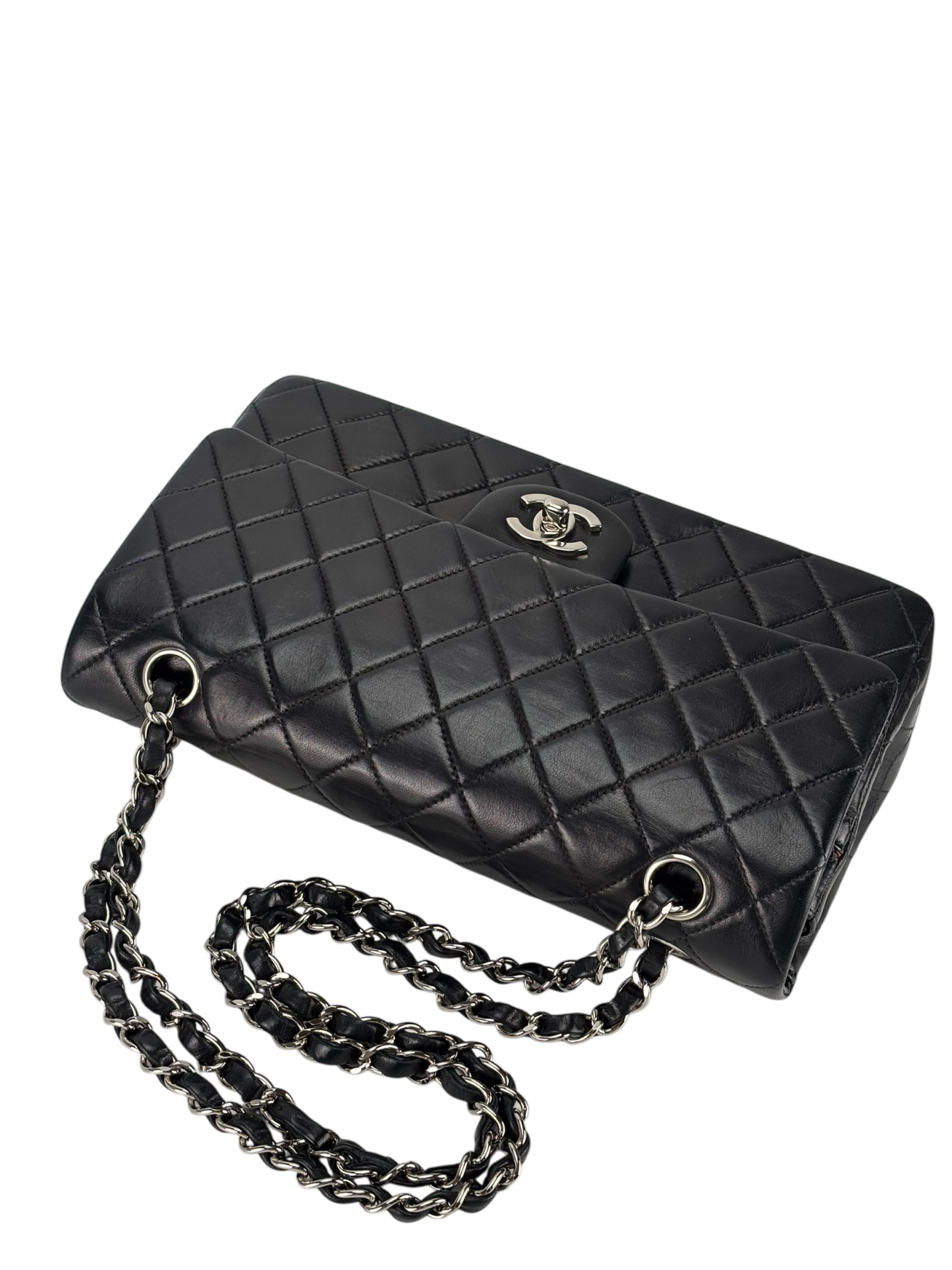 CHANEL - Medium Classic Double Flap Bag Matelasse Black Lambskin Sliver Hardware (CF25)