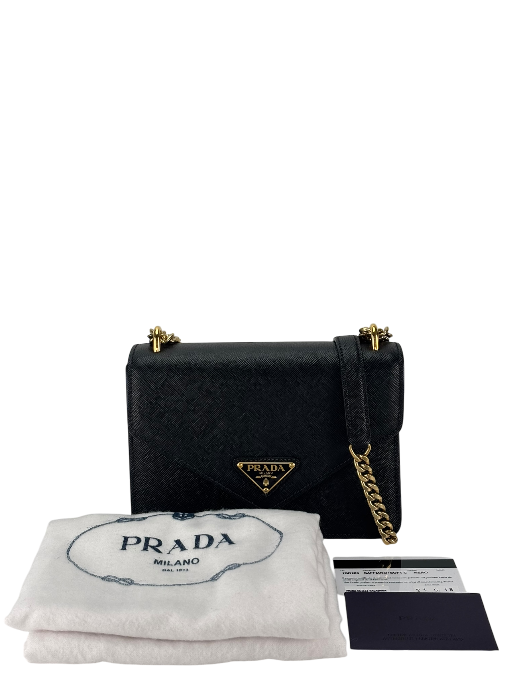 PRADA - Saffiano Soft Calfskin Metal Triangle Logo Envelope Chain Shoulder Bag Black