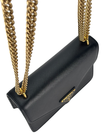 PRADA - Saffiano Soft Calfskin Metal Triangle Logo Envelope Chain Shoulder Bag Black