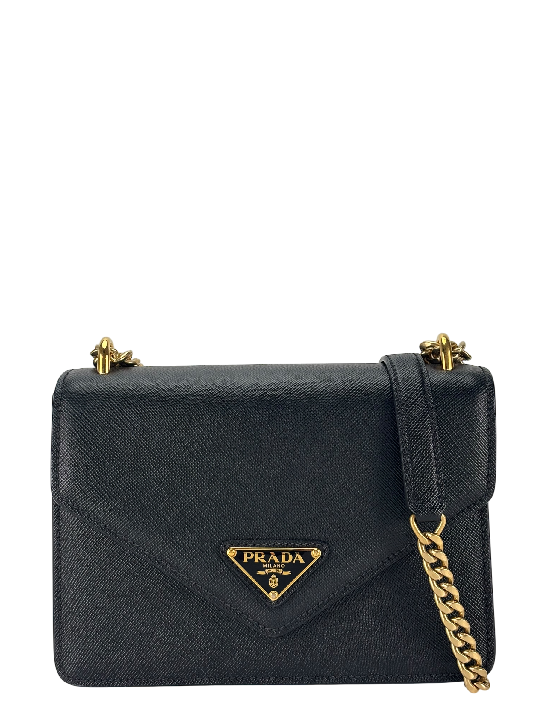 PRADA - Saffiano Soft Calfskin Metal Triangle Logo Envelope Chain Shoulder Bag Black