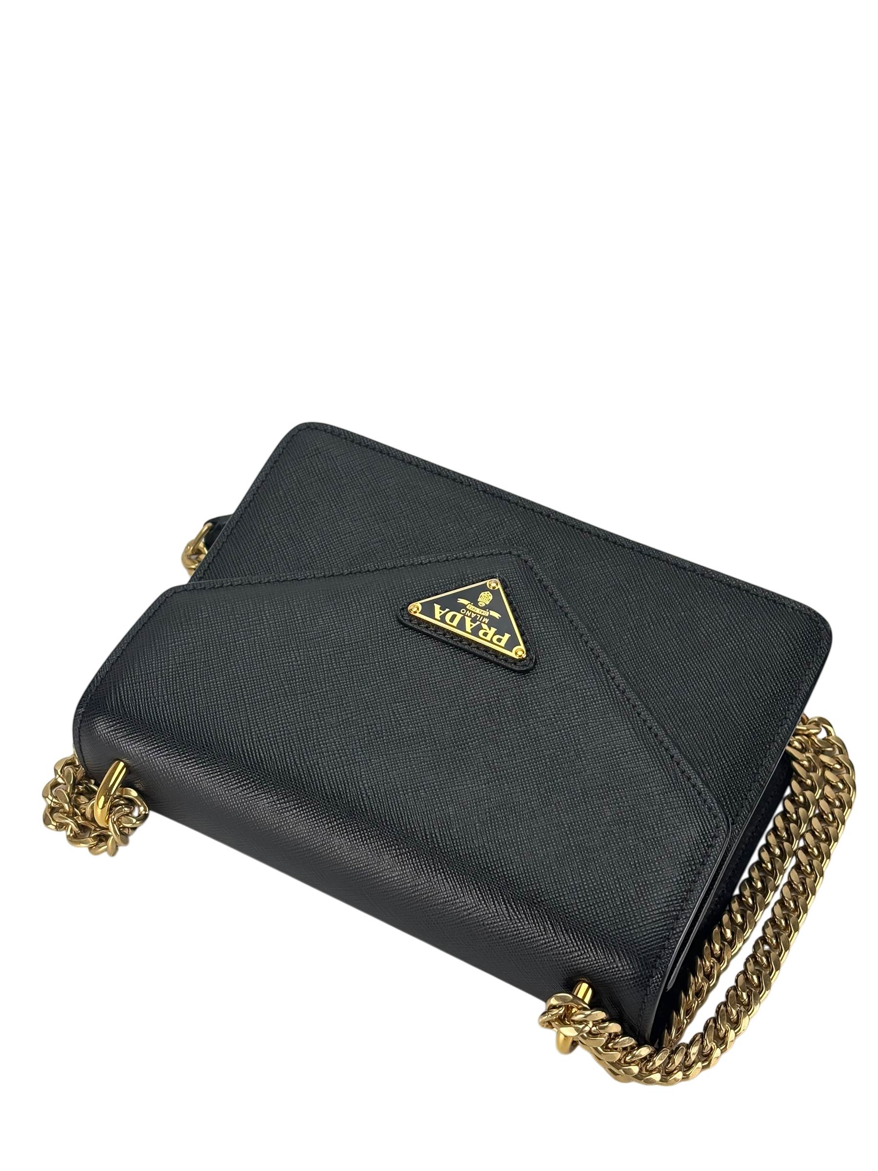 PRADA - Saffiano Soft Calfskin Metal Triangle Logo Envelope Chain Shoulder Bag Black