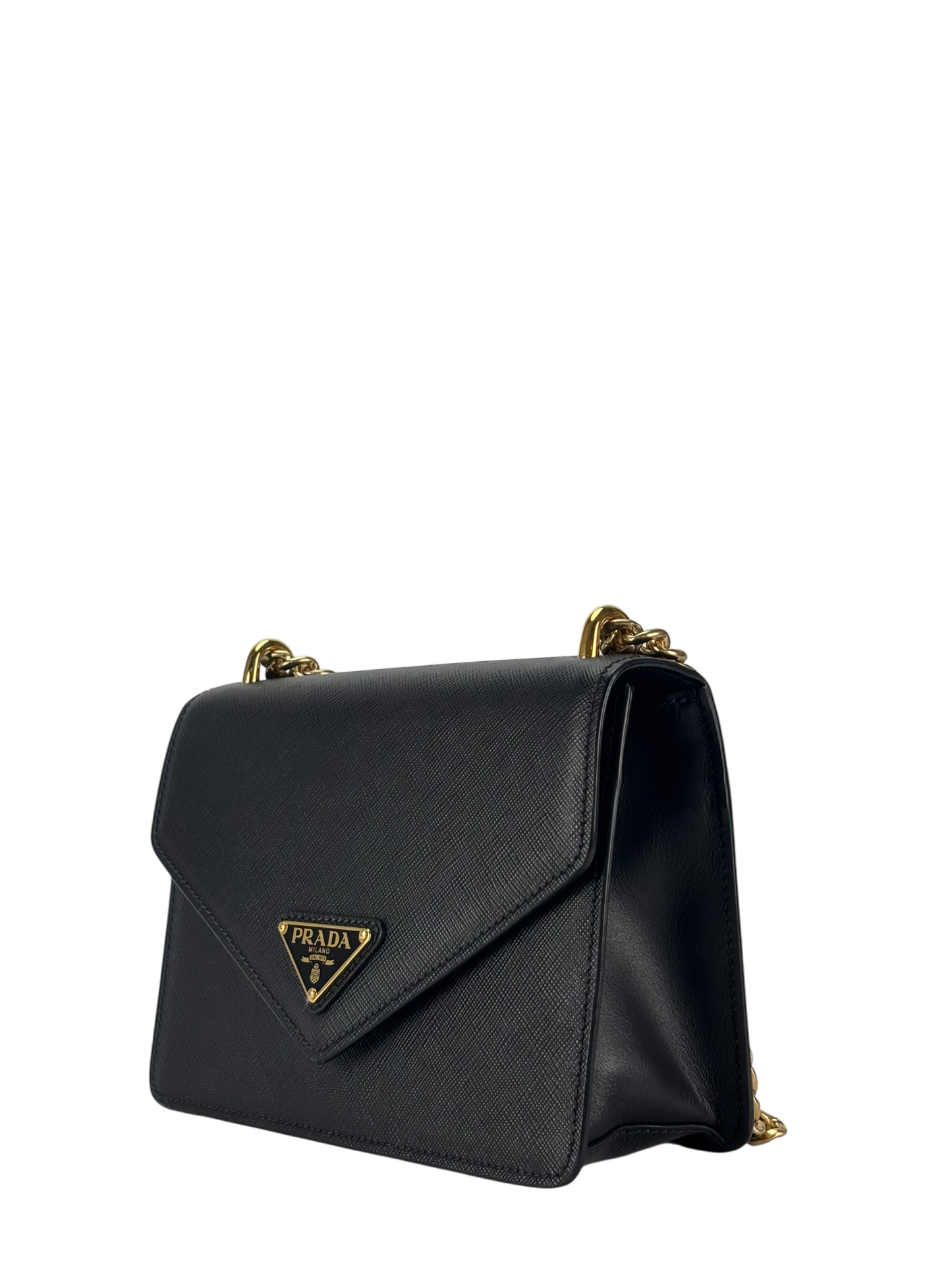 PRADA - Saffiano Soft Calfskin Metal Triangle Logo Envelope Chain Shoulder Bag Black