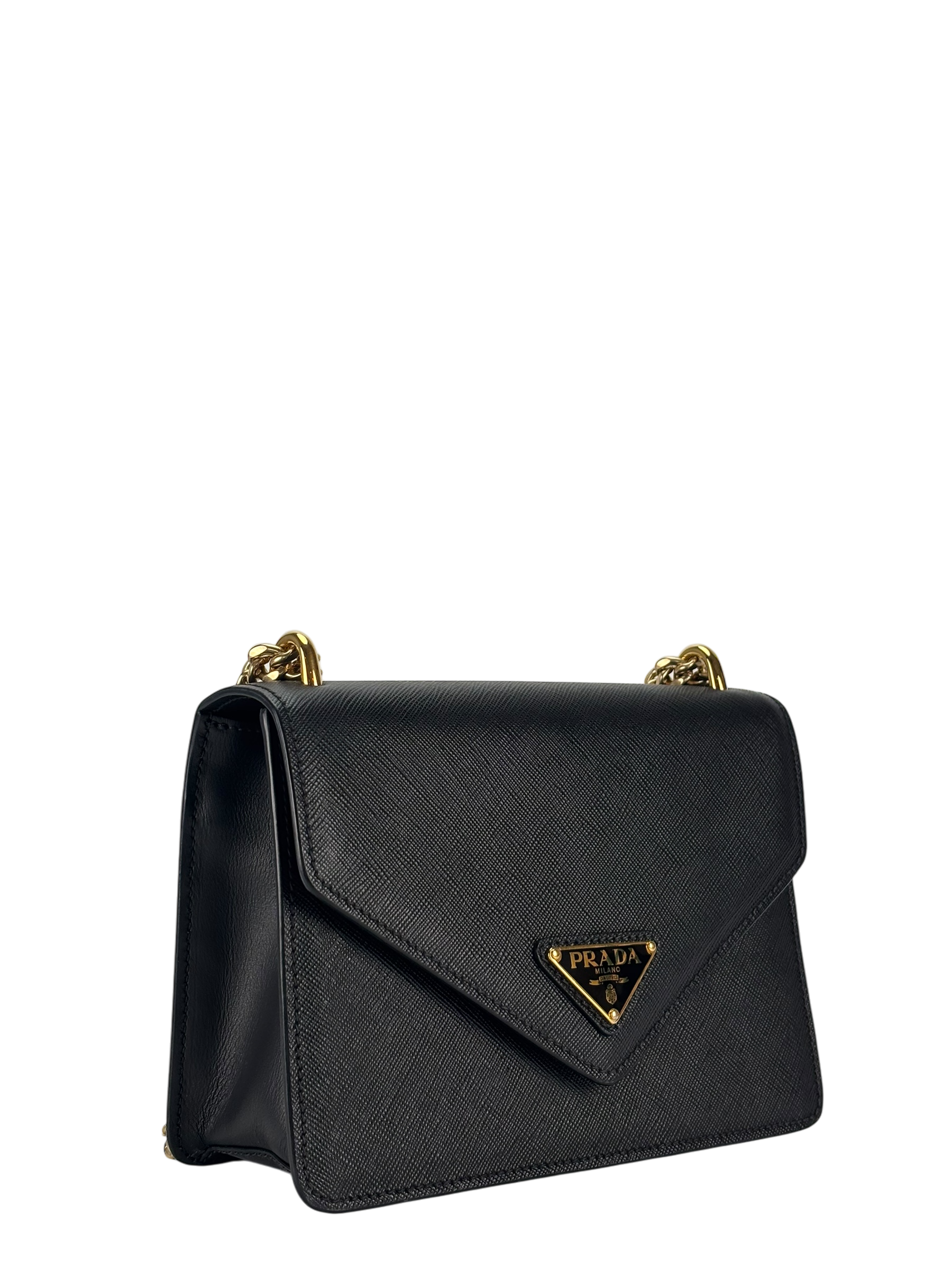 PRADA - Saffiano Soft Calfskin Metal Triangle Logo Envelope Chain Shoulder Bag Black