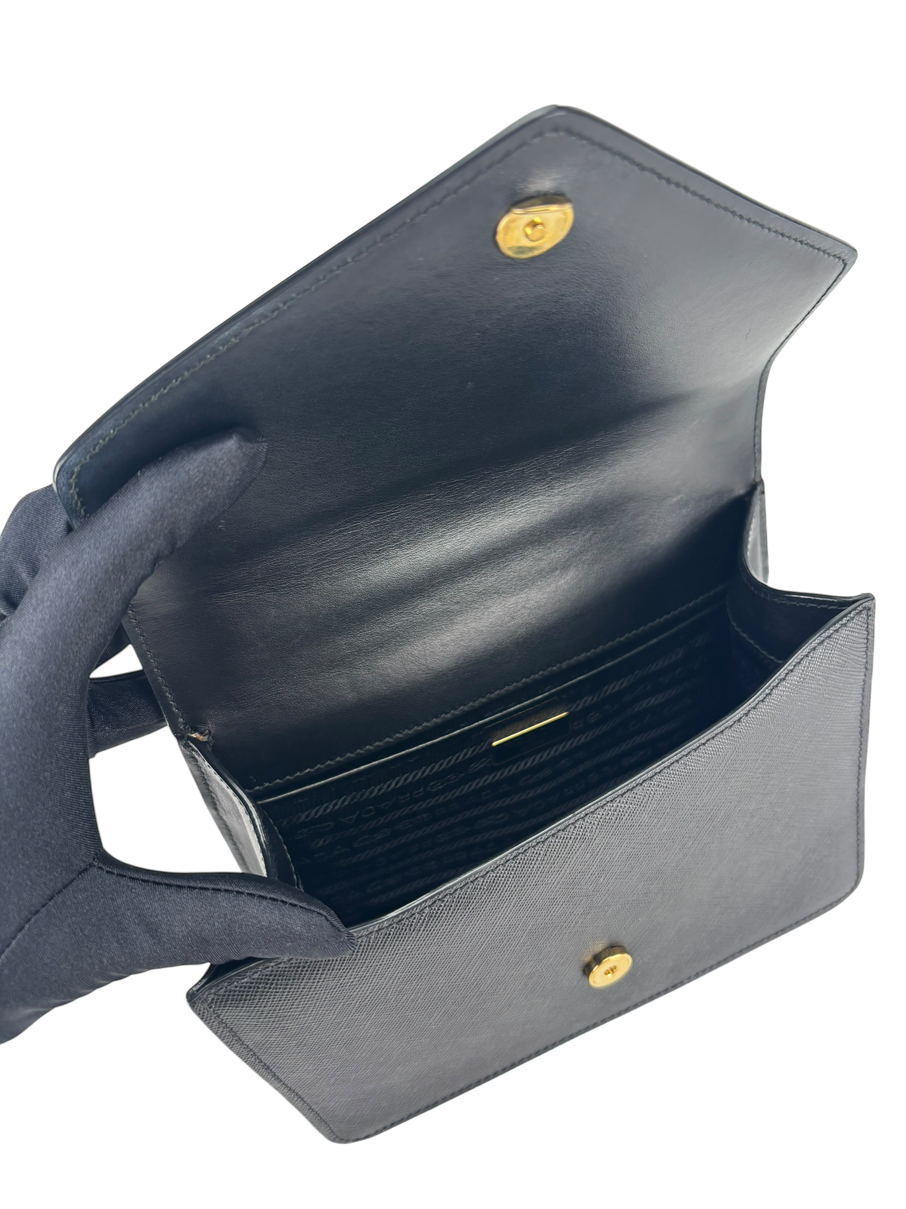 PRADA - Saffiano Soft Calfskin Metal Triangle Logo Envelope Chain Shoulder Bag Black