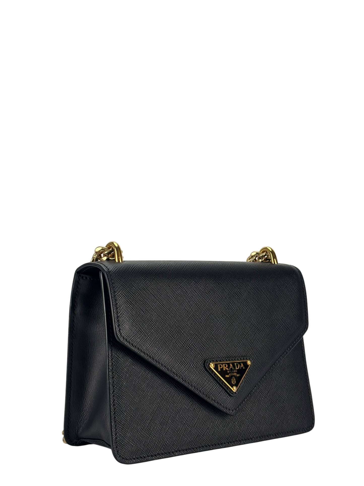 PRADA - Saffiano Soft Calfskin Metal Triangle Logo Envelope Chain Shoulder Bag Black