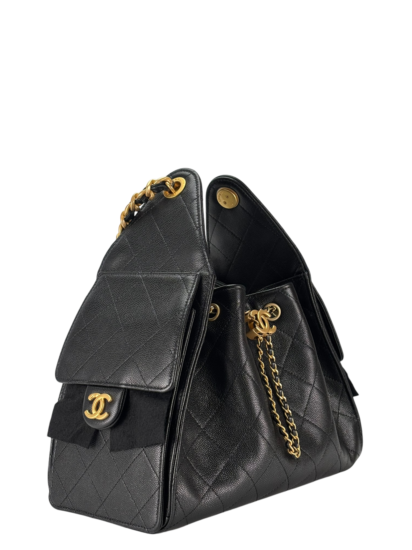 CHANEL - Black Caviar 25S Hobo Gold Metal Leather Chain Strap Handbag