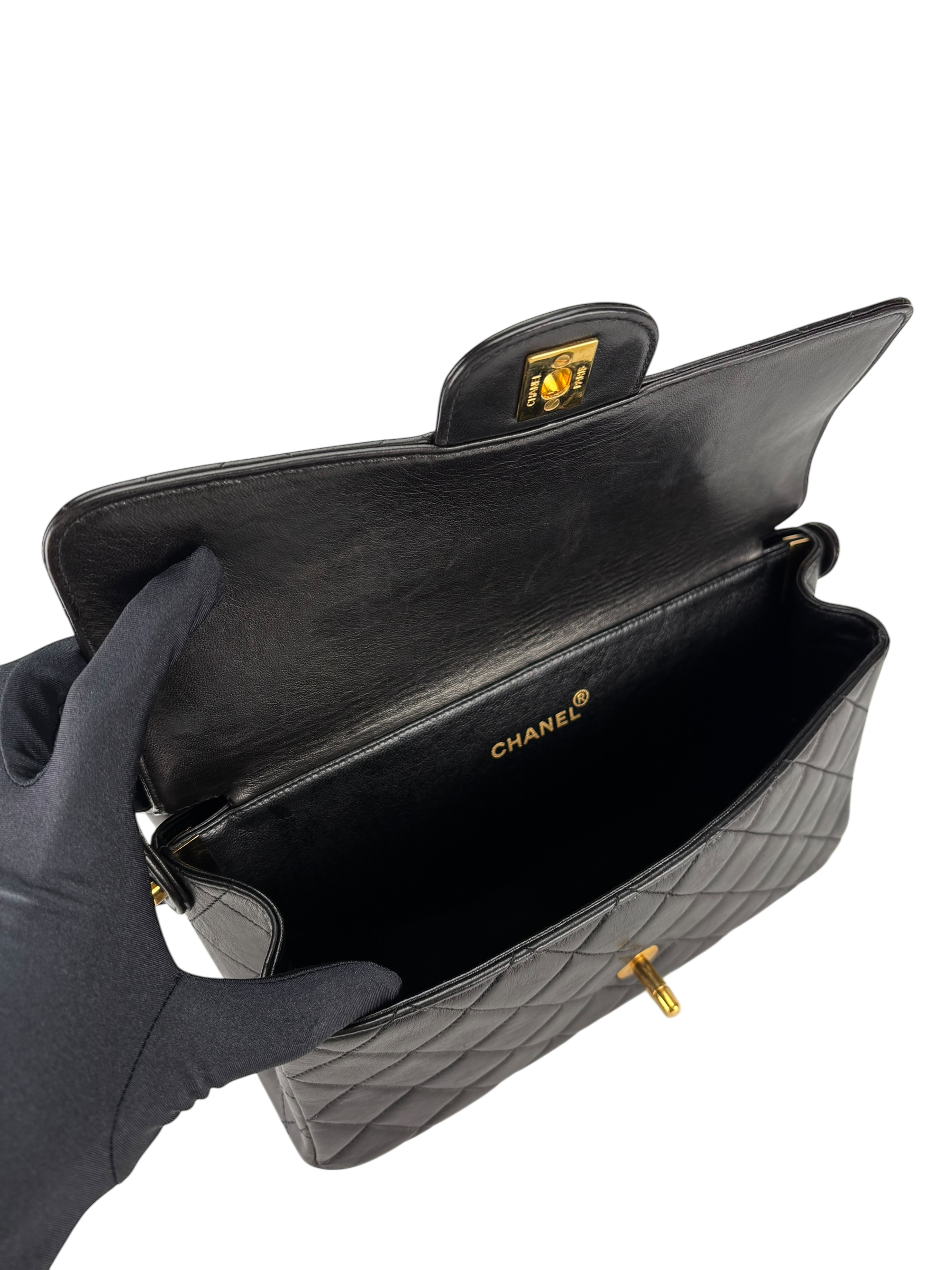 CHANEL - Medium Classic Matelasse Double Face Bag Black Lambskin Gold Hardware (CF25)