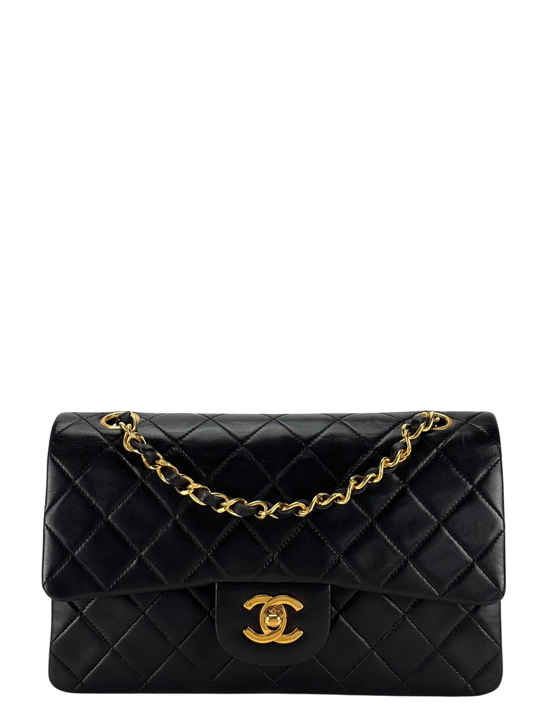 CHANEL - Small Classic Double Flap Bag Black Lambskin Gold Hardware (CF23)