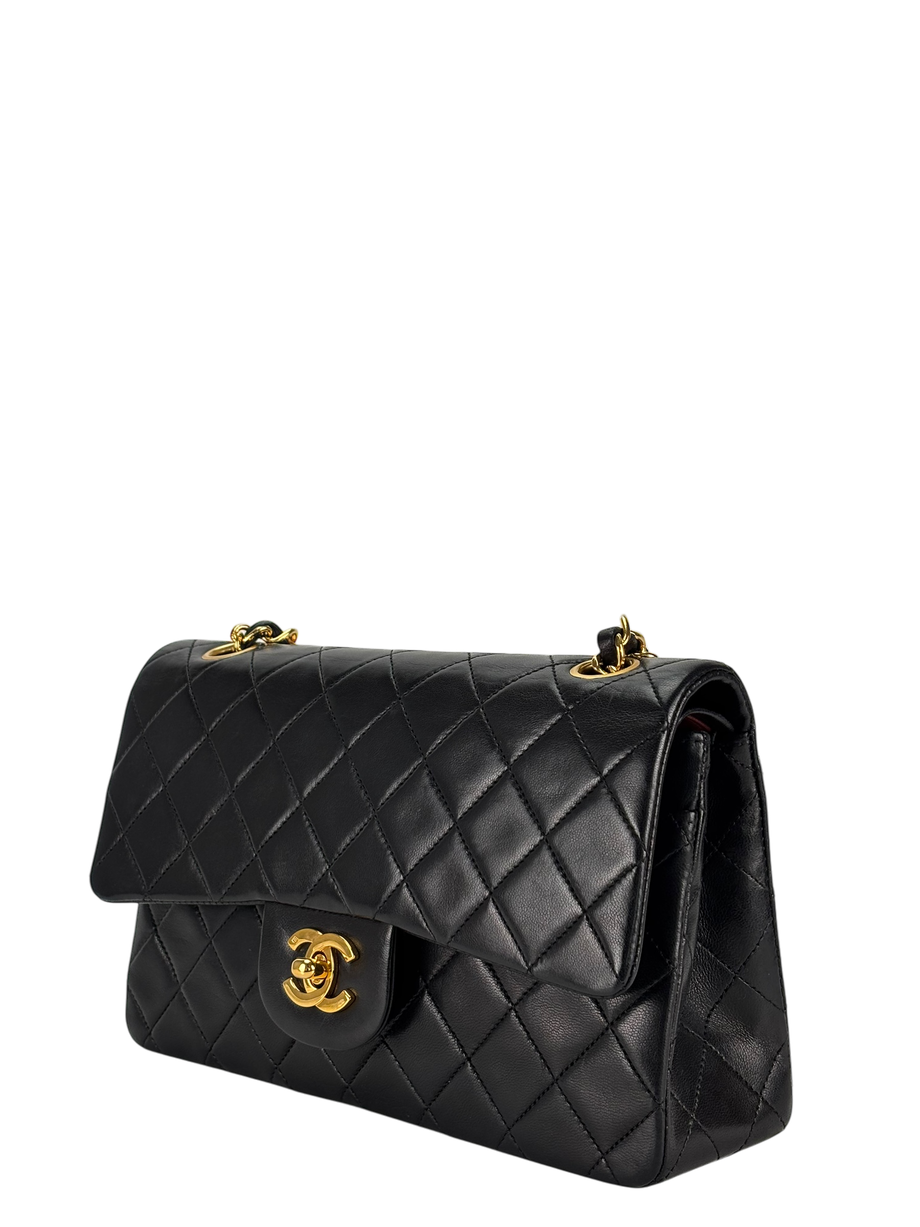 CHANEL - Small Classic Double Flap Bag Black Lambskin Gold Hardware (CF23)
