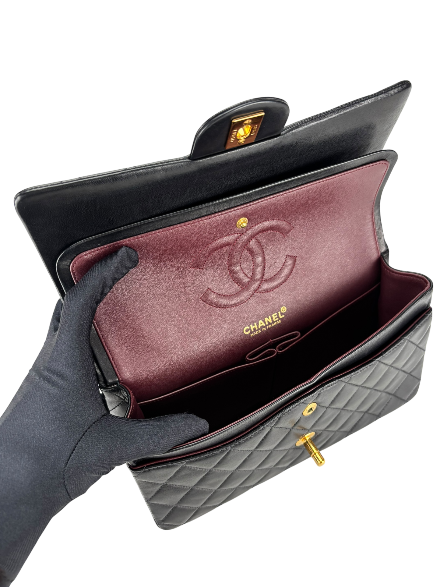 CHANEL - Medium Classic Double Flap Bag Matelasse Black Lambskin Gold Hardware (CF25)