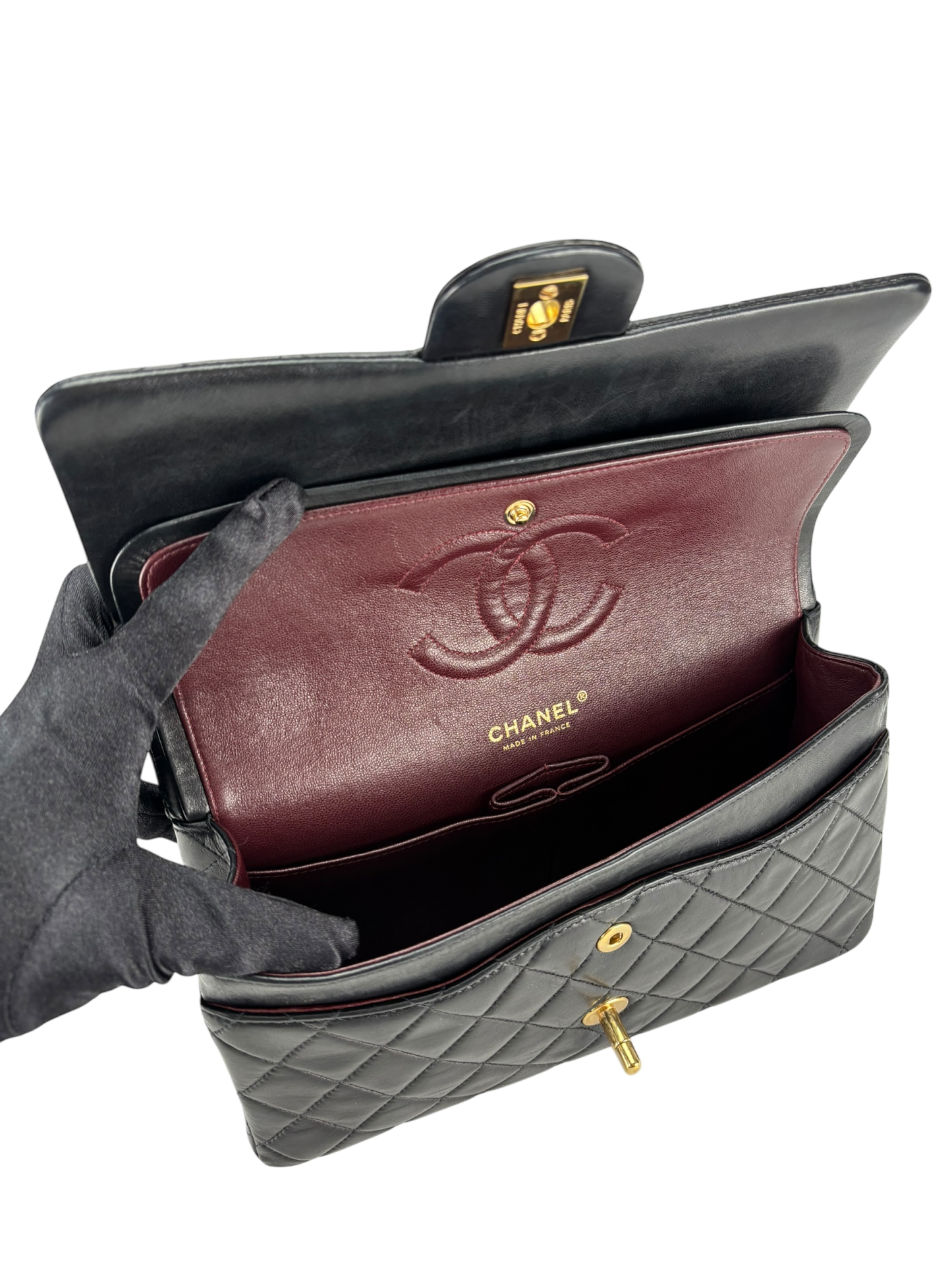 CHANEL - Medium Classic Double Flap Bag Matelasse Black Lambskin Gold Hardware (CF25)