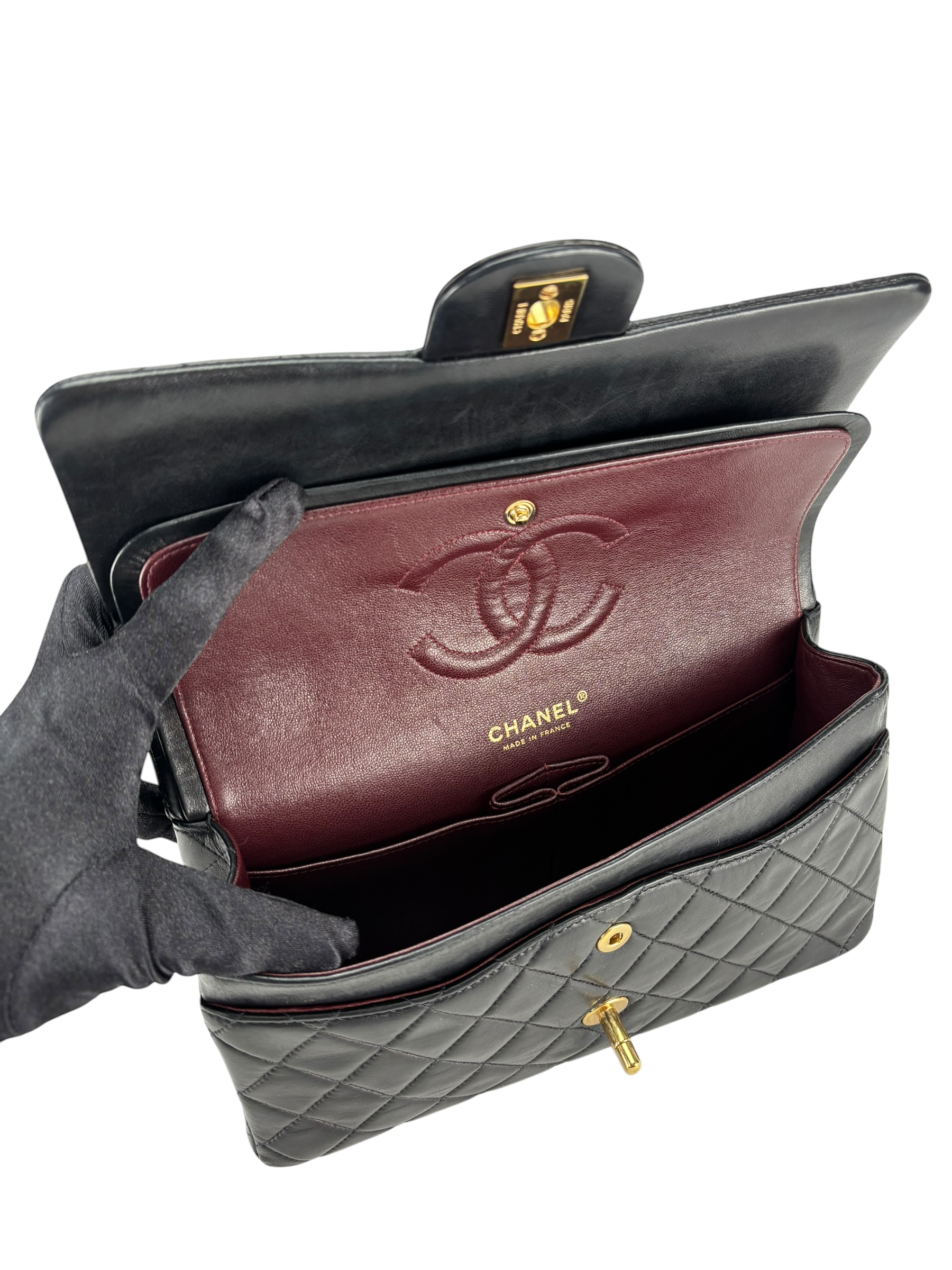 CHANEL - Medium Classic Double Flap Bag Matelasse Black Lambskin Gold Hardware (CF25)