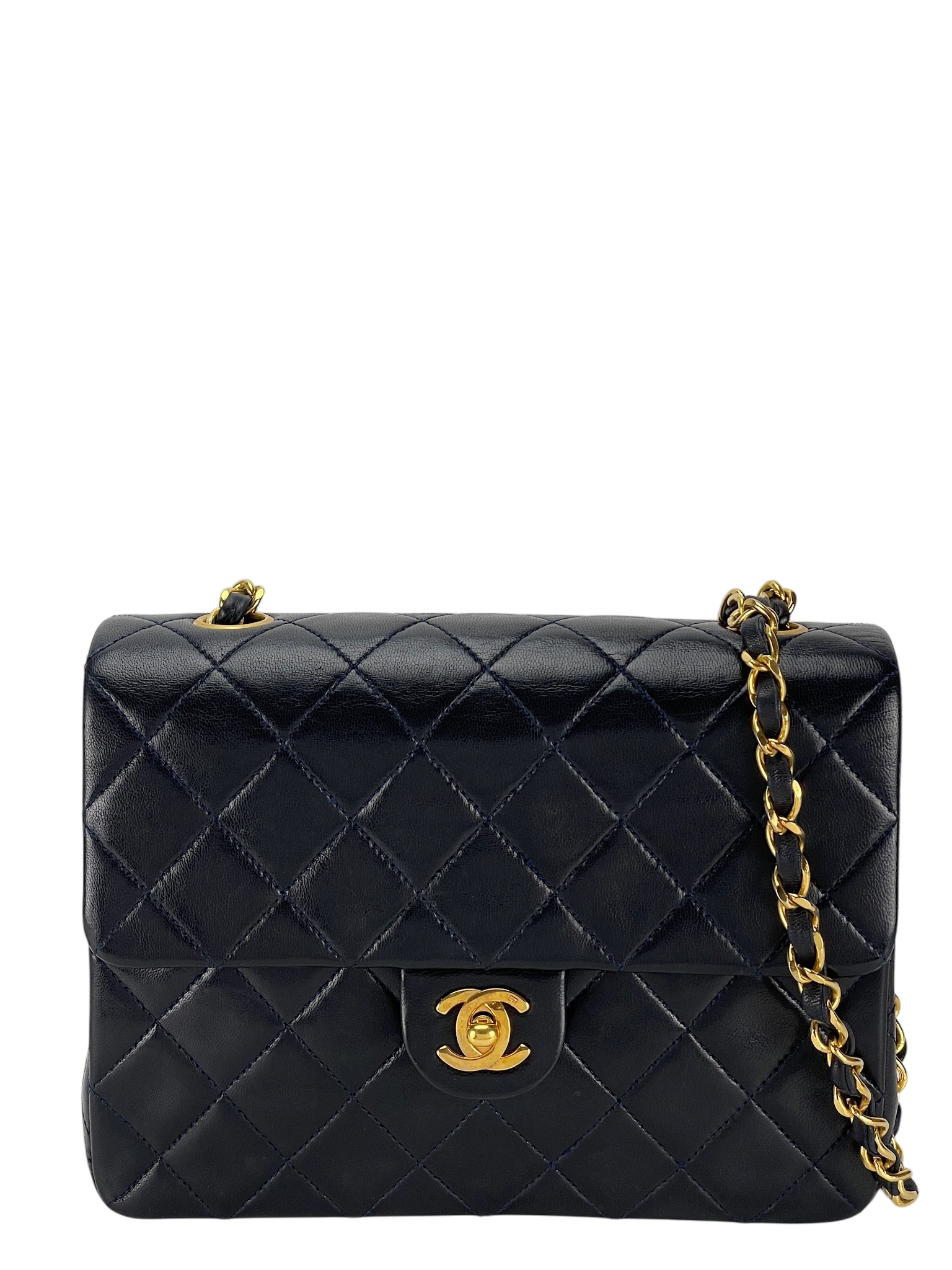 CHANEL - Mini Matlasse 20 Lambskin Single Flap Single Chain Bag Navy Gold Hardware