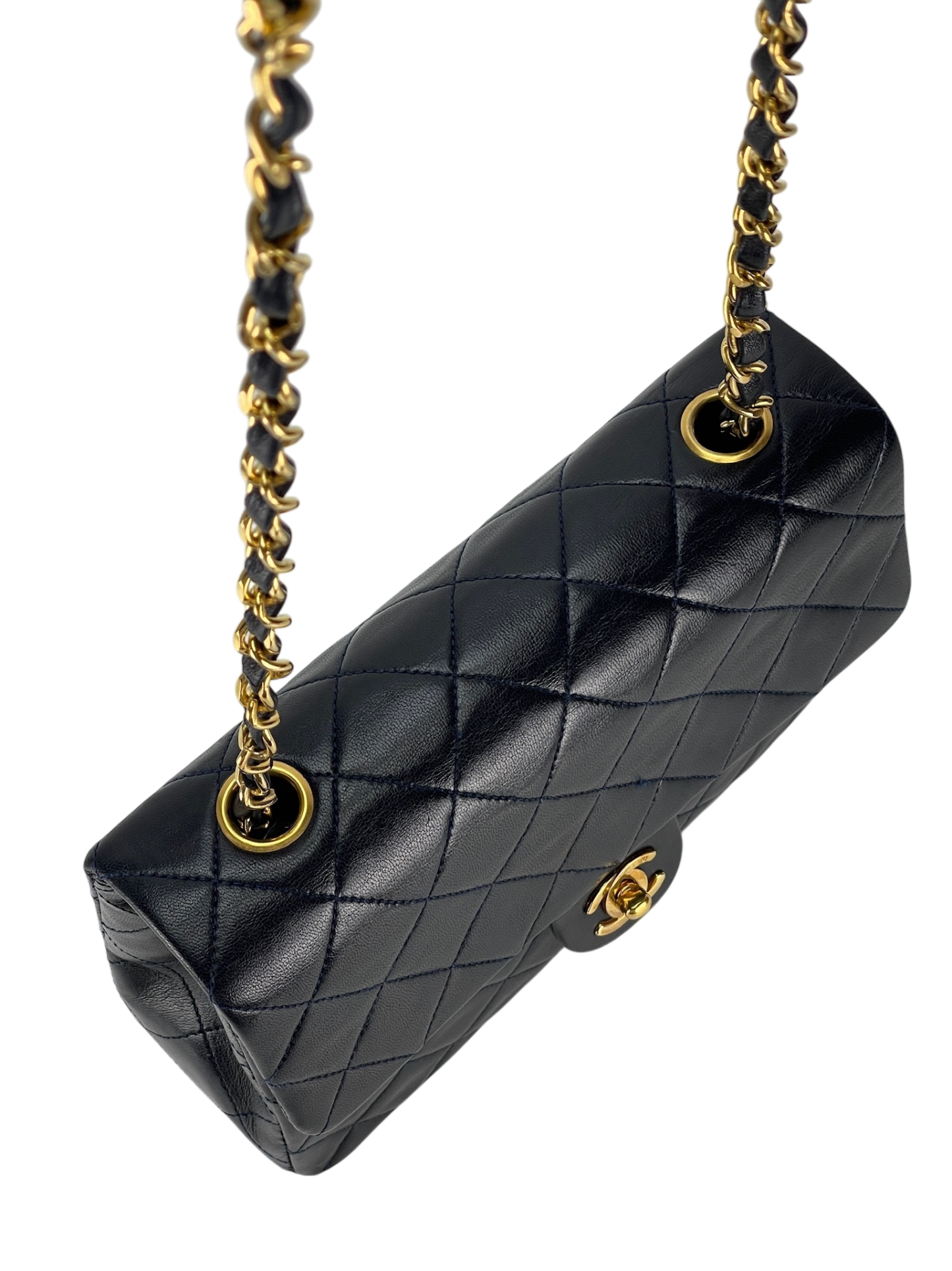 CHANEL - Mini Matlasse 20 Lambskin Single Flap Single Chain Bag Navy Gold Hardware